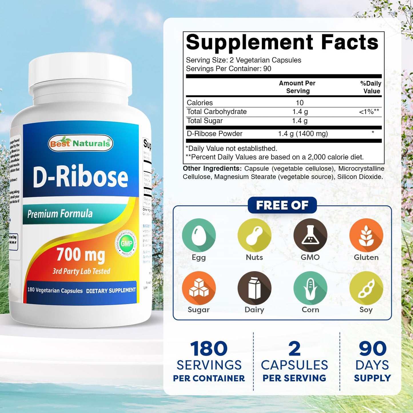 Best Naturals D-Ribose 700mg, 180 Capsules