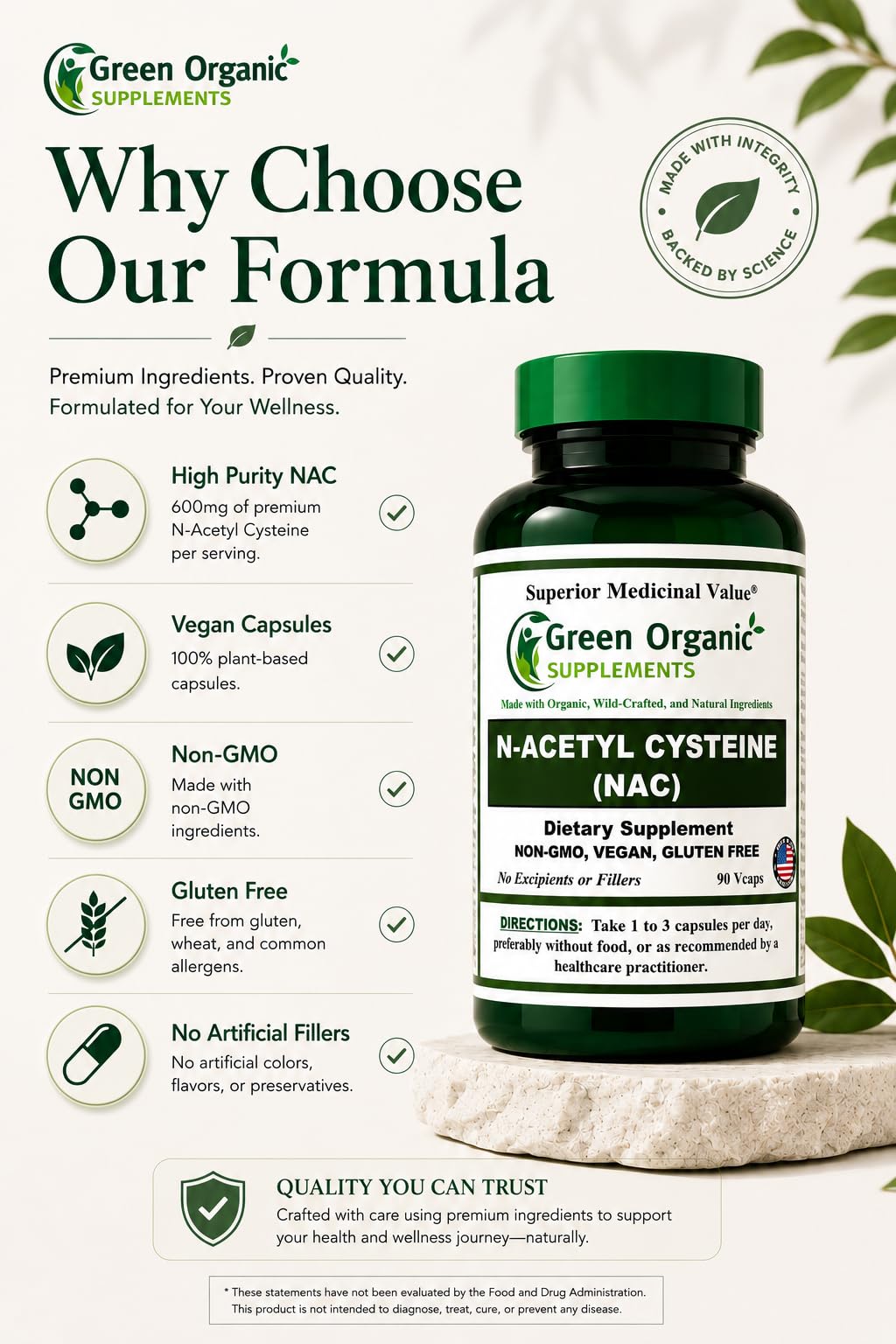 Green Organic Supplements N-Acetyl Cysteine (NAC) Capsules 180