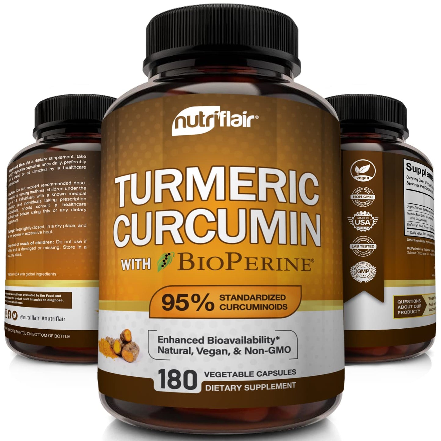 NutriFlair Turmeric Curcumin with BioPerine 1300mg, 180 Capsules