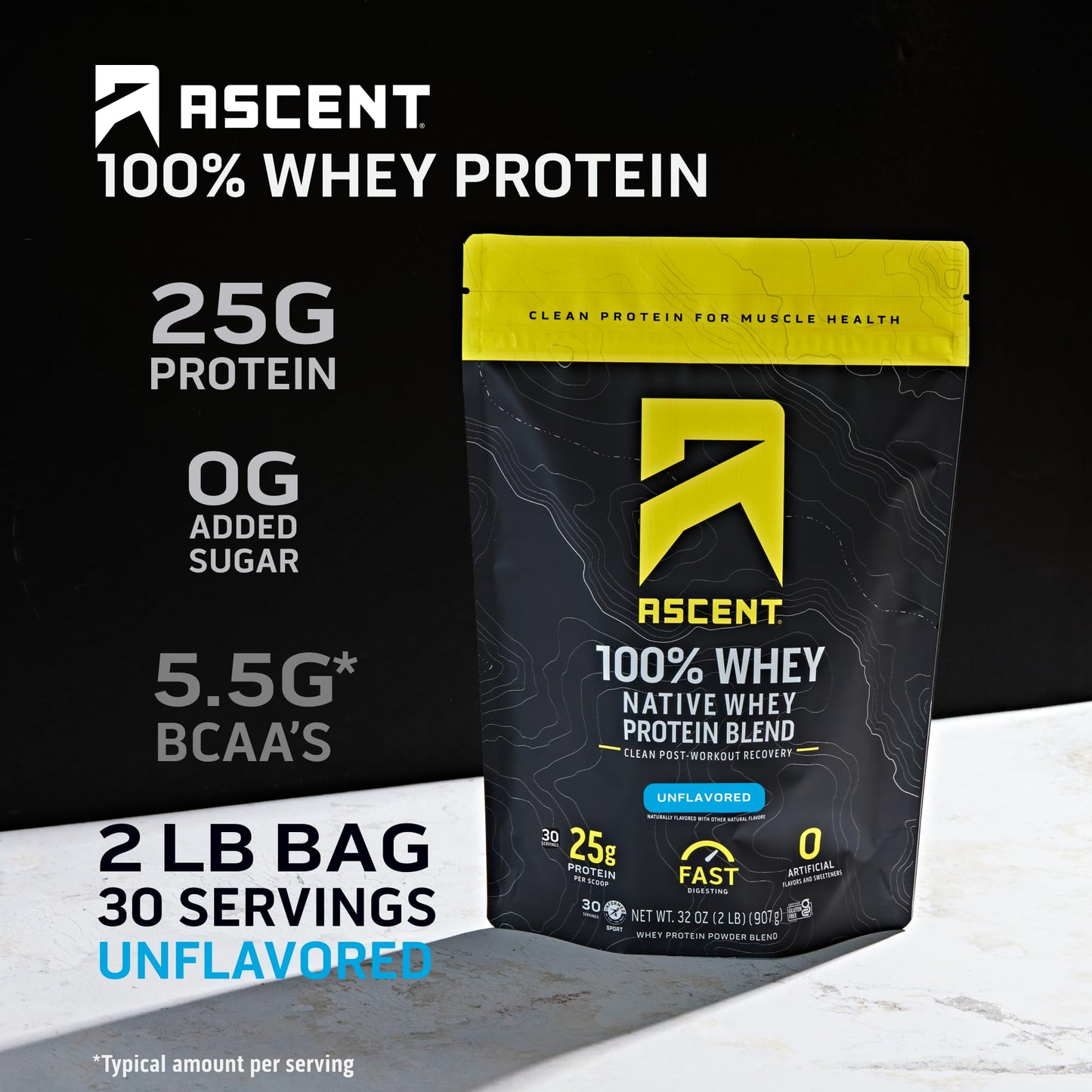 Ascent Unflavored Native Whey Protein Powder, 32 Oz