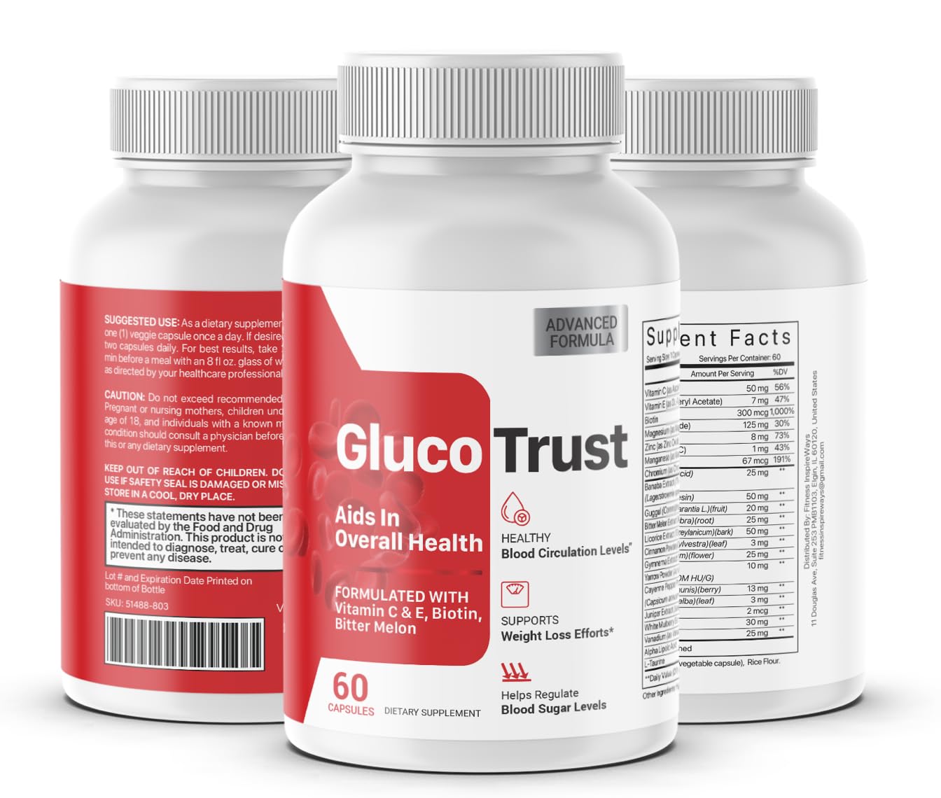 Fitness InspireWays GlucoTrust Blood Sugar Level Support Supplement Capsules, 60 Count