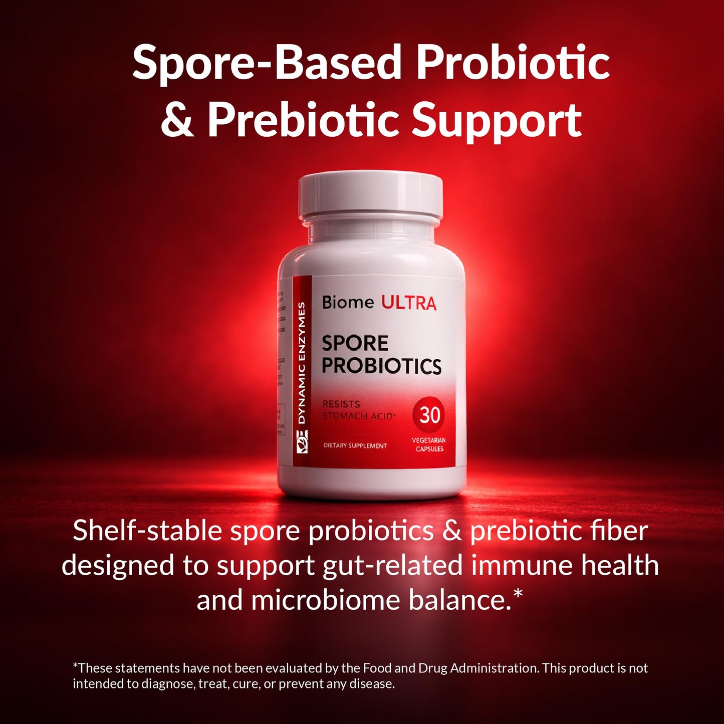 Dynamic Enzymes Biome Ultra Spore Probiotic + Prebiotic FOS (ProbioSEB CSC3) – 5 Billion CFU Per Capsule – Bacillus Coagulans, Subtilis & Clausii – Shelf-Stable Daily Probiotic for Gut & Microbiome Support, 30 Capsules