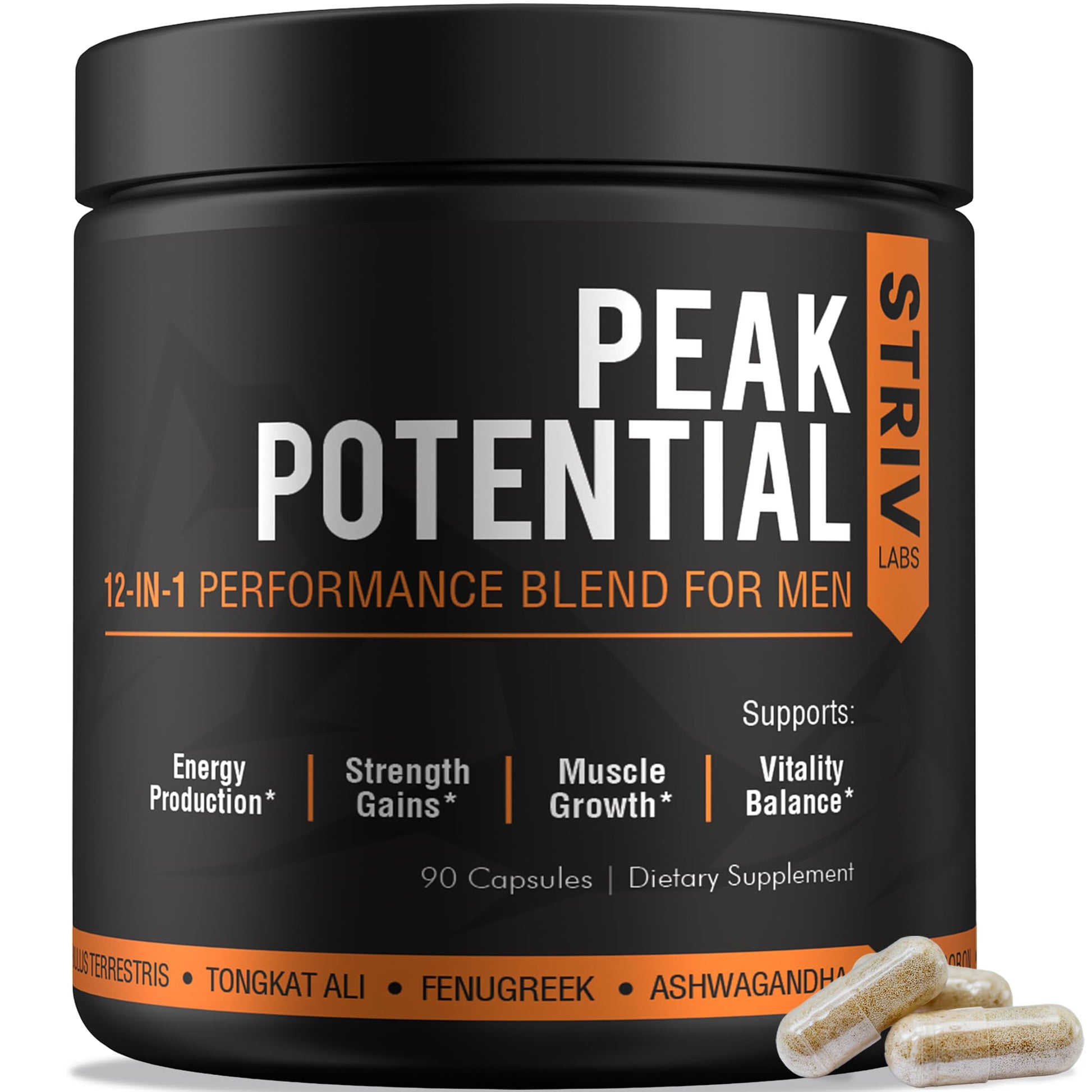 STRIVLABS Peak Potential 12-in-1 Testosterone Support for Men – Fenugreek, Ashwagha & Tongkat Ali – Natural Strength, Energy & Muscle Builder – 90 Capsules