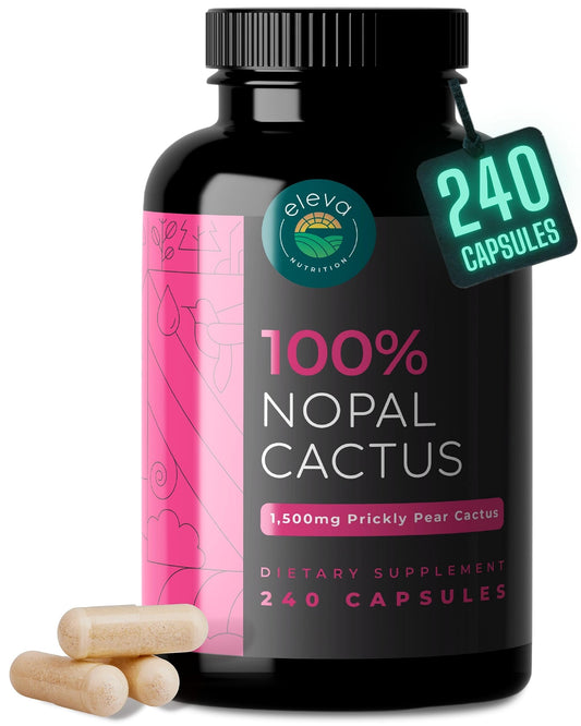 Eleva Nutrition Nopal Cactus Capsules 1500mg, Organic Sun-Dried Prickly Pear Cactus Powder with Black Pepper Extract for Absorption, 240 Capsules