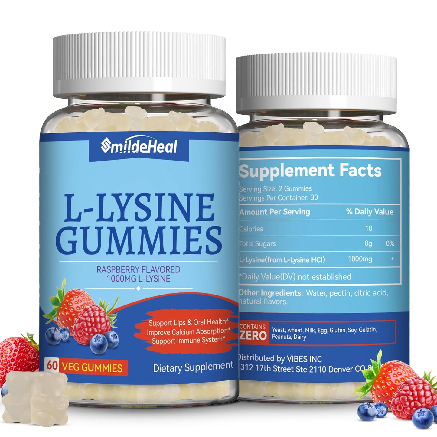 SmildeHeal L-Lysine 1000mg Gummies, Chewable Lysine Supplement for Adults, Immune Support, Collagen Formation Support, Vegan, Gluten Free, 120 Gummies