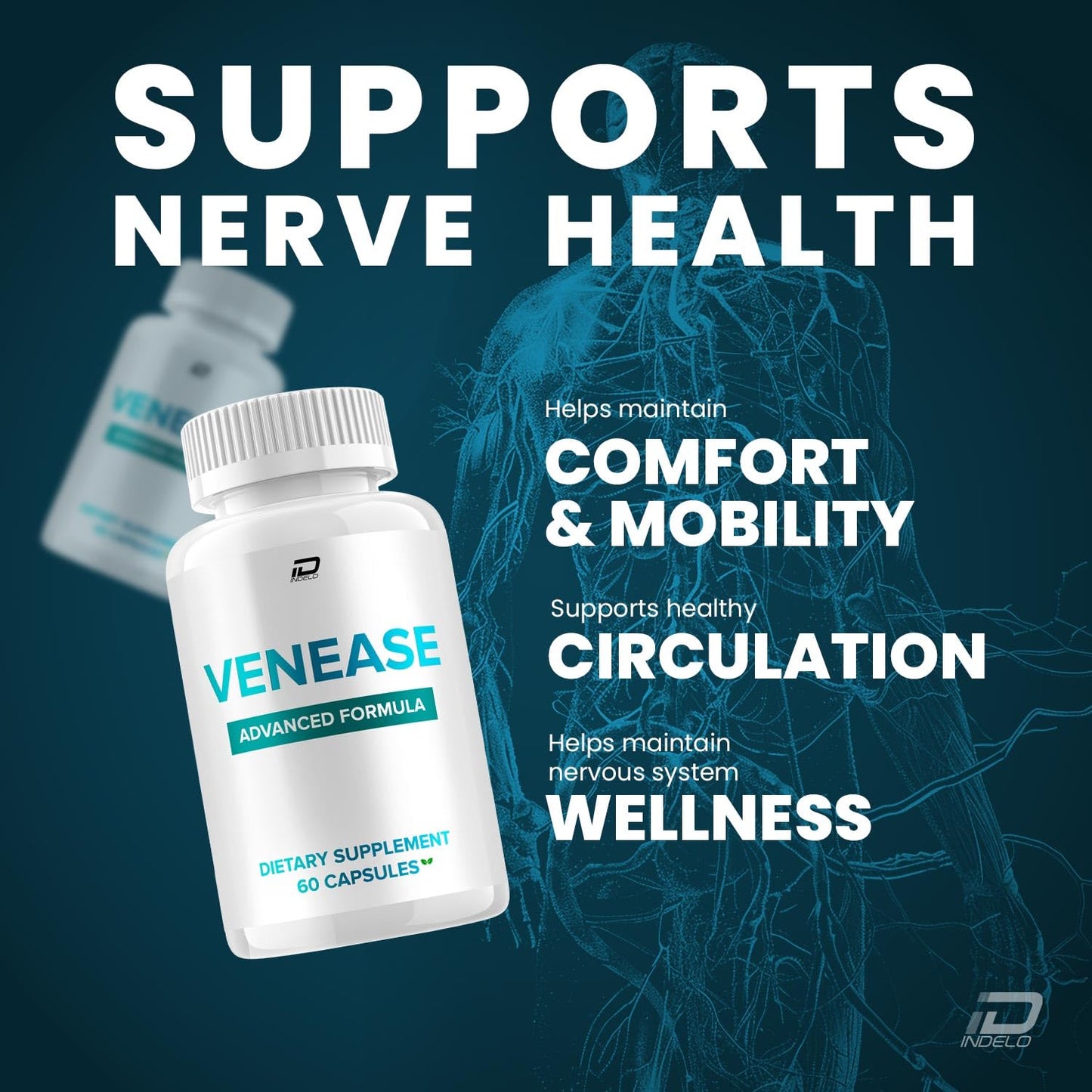 Indelo Venease Natural Blend Daily Health Supplement Capsules, 180 Capsules