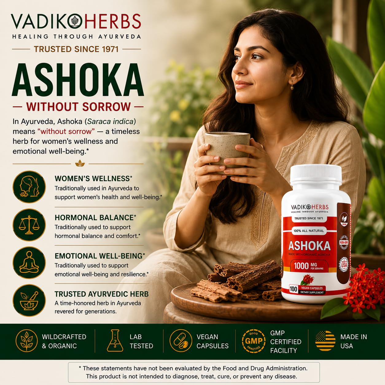 Vadik Herbs Ashoka Bark Capsules, 100 Vegicaps