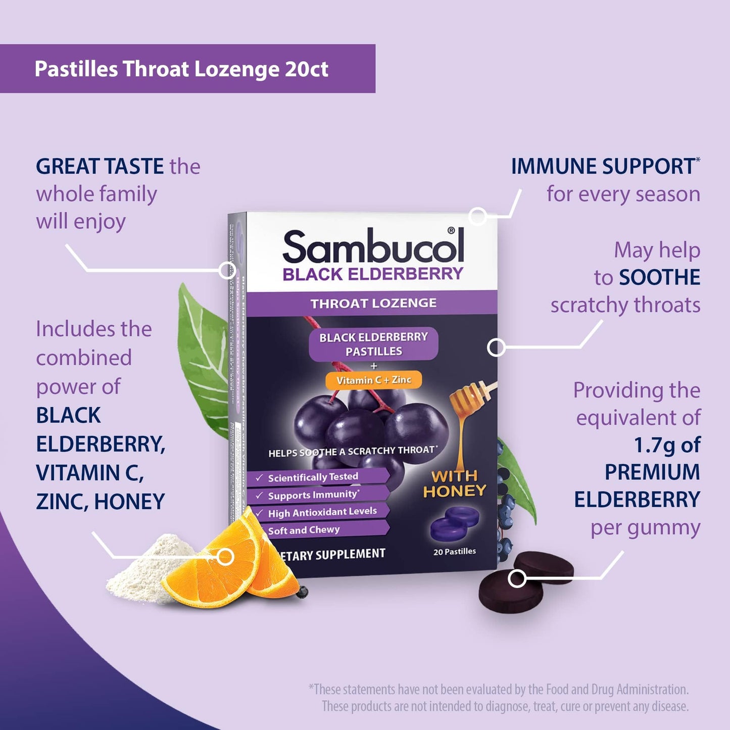 Sambucol Black Elderberry Throat Lozenge - Honey Tablet, 40 Count