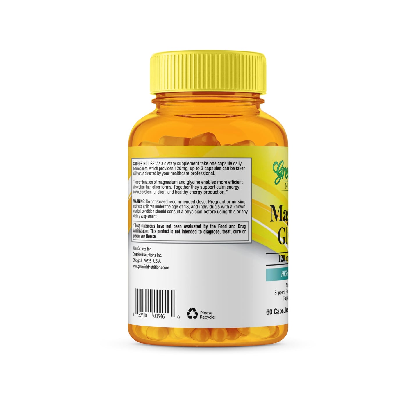 GREEN FIELD NUTRITIONS Halal Magnesium Glycinate 120mg Capsules, 60 Count