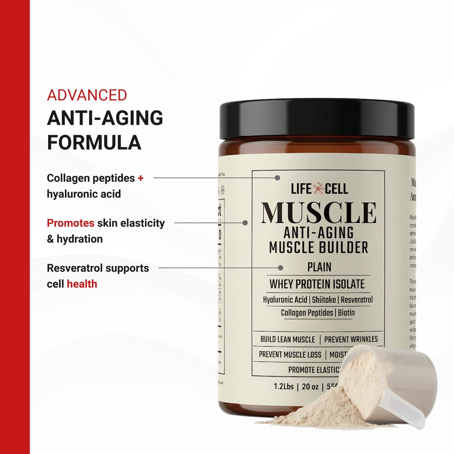 LifeCell Whey Protein Powder Anti-Aging Muscle Builder Unflavored 550 g 19.4007 Servings