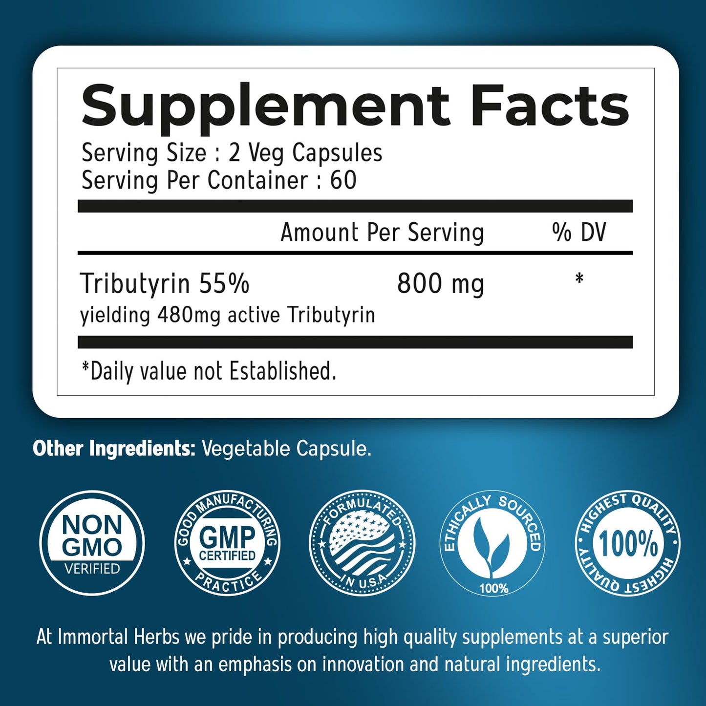 Immortal Herbs Tributyrin Supplement 800mg Capsule, 120 Count