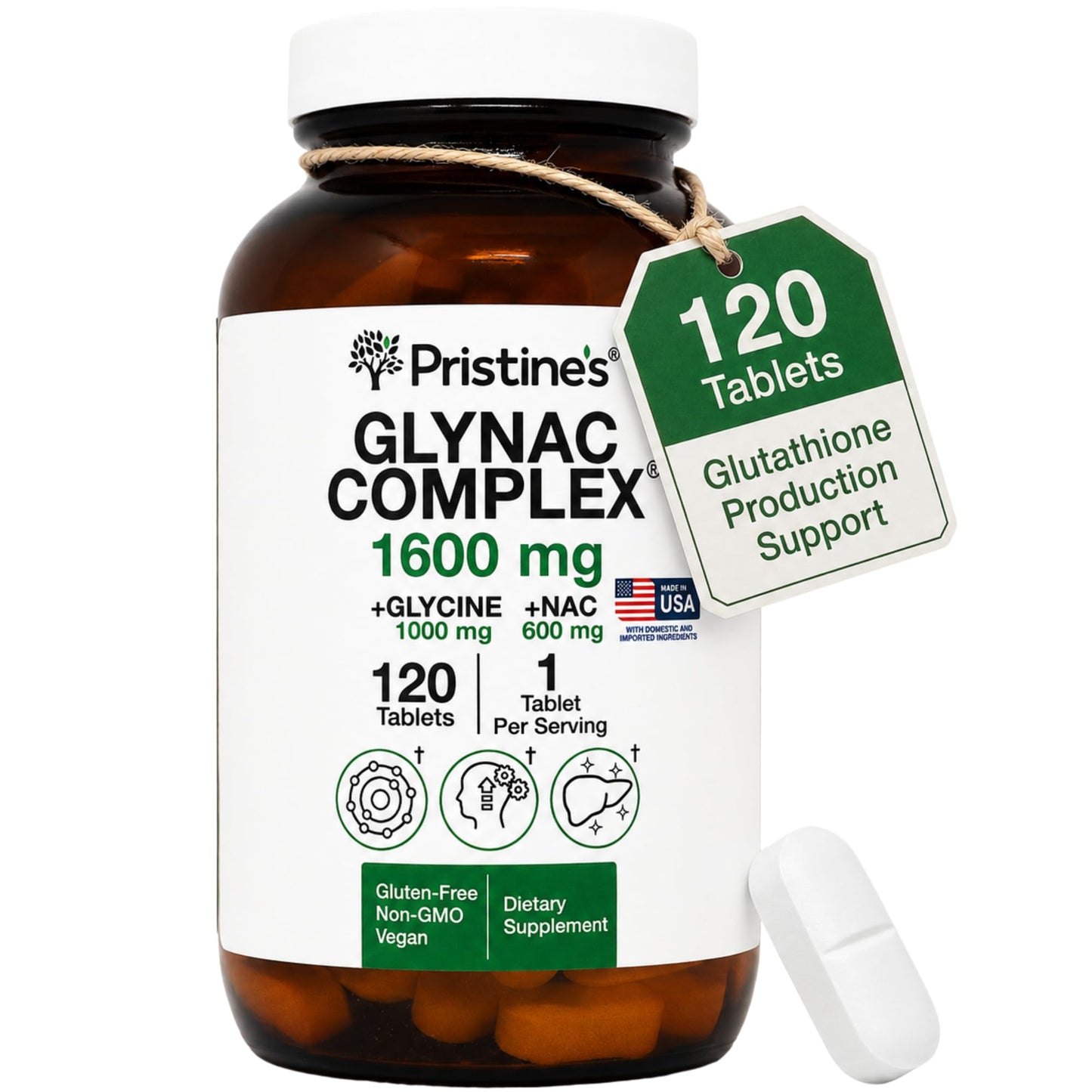 PRISTINE'S GlyNAC 1600mg Tablets, Glycine 1000mg + NAC 600mg, 120 Tablets