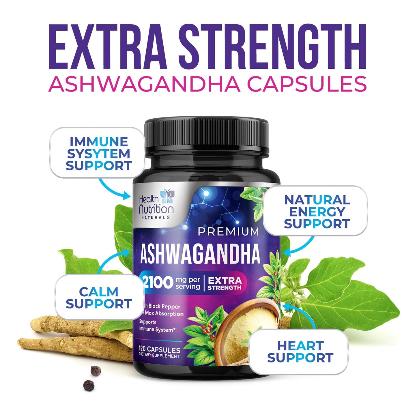 Health Nutrition Naturals Ashwagandha Supplements 120 Capsules