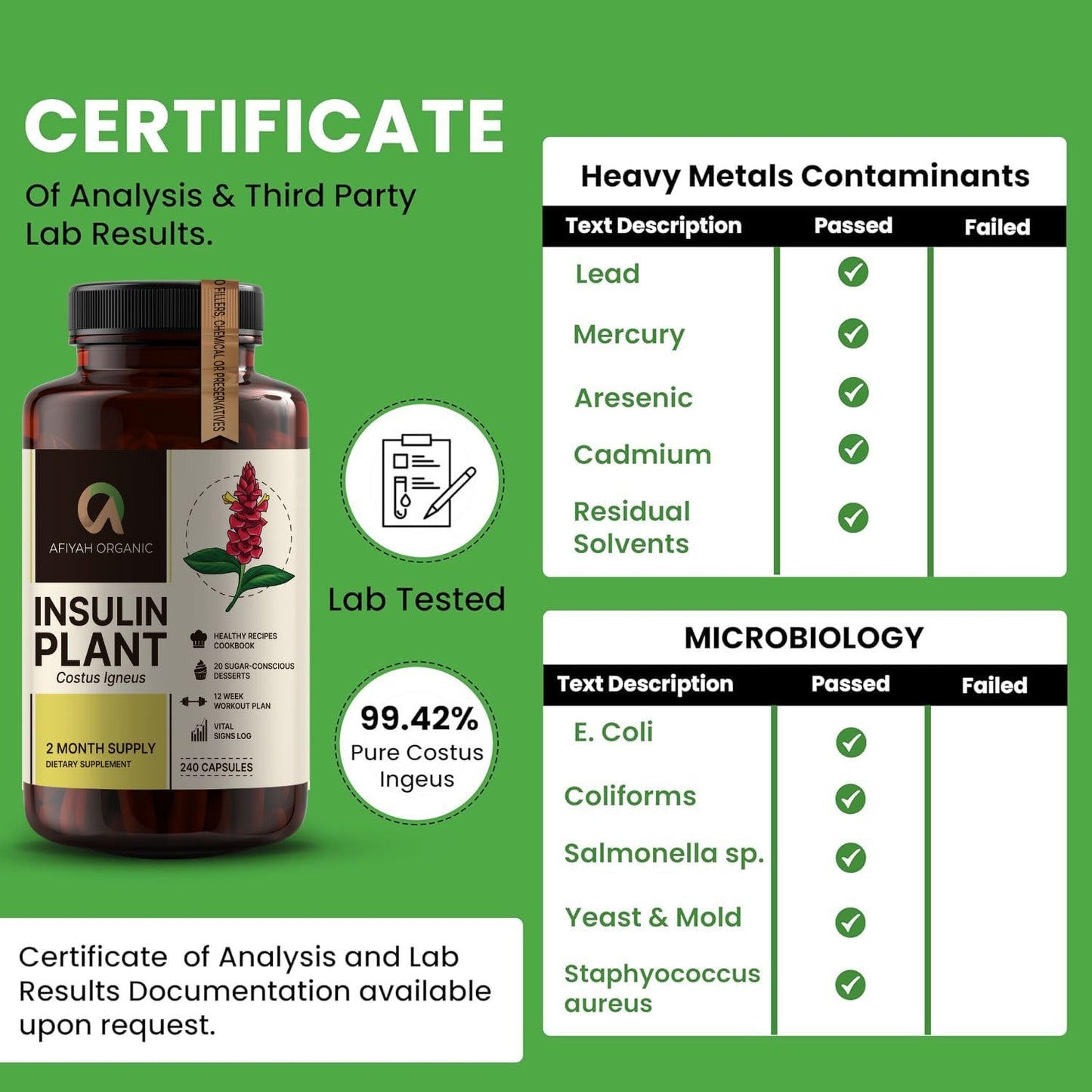 Afiyah Organic Costus Igneus (Insulin Plant) Capsules, 240 Count