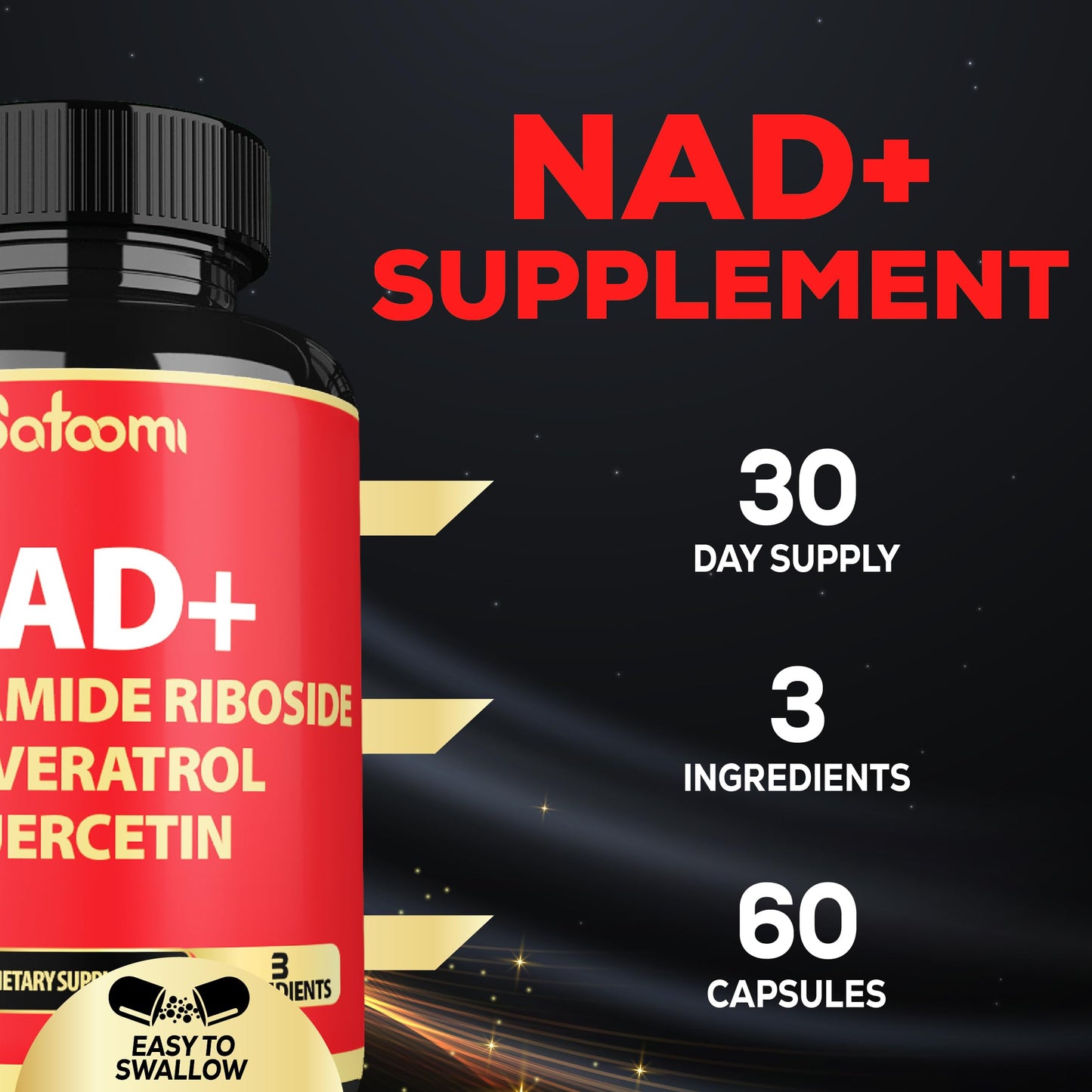 Satoomi NAD Supplement with Nicotinamide Riboside NR, Resveratrol, Quercetin, 60 Capsules