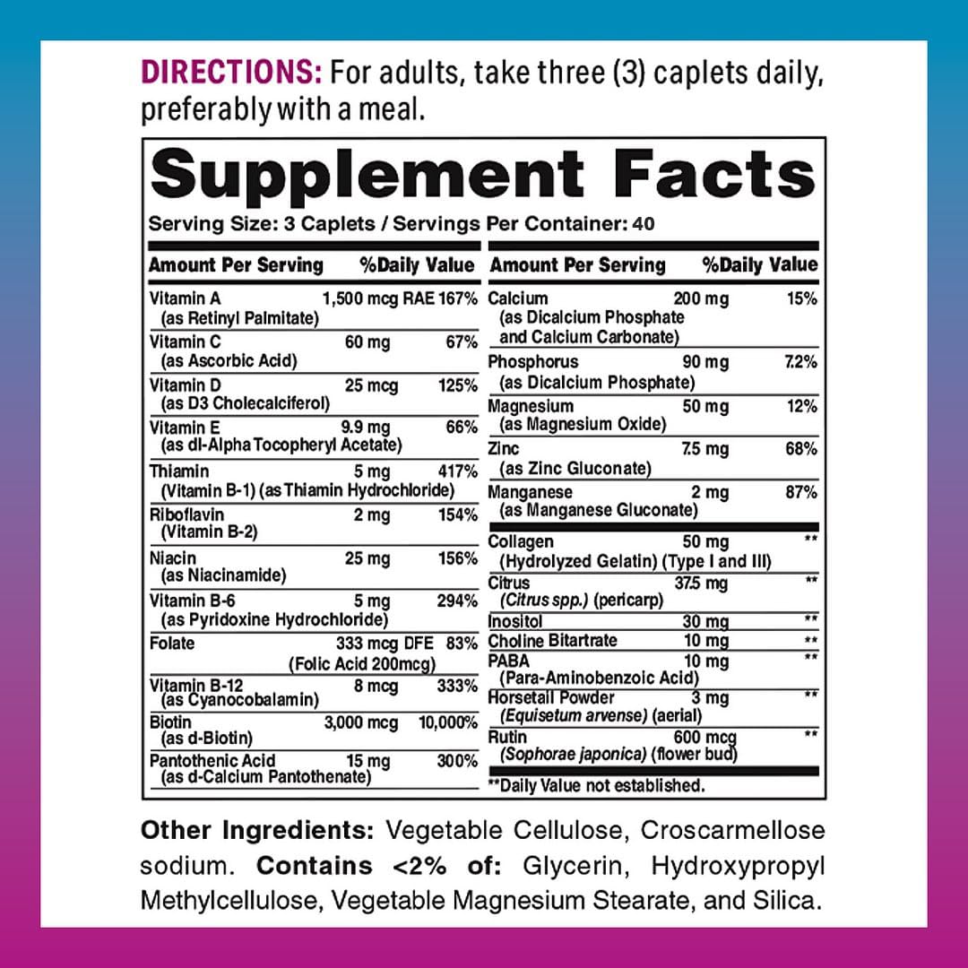 Vitamin World Hair, Skin and Nails Formula Caplets, Biotin B-7 Vitamin, 120 Caplets