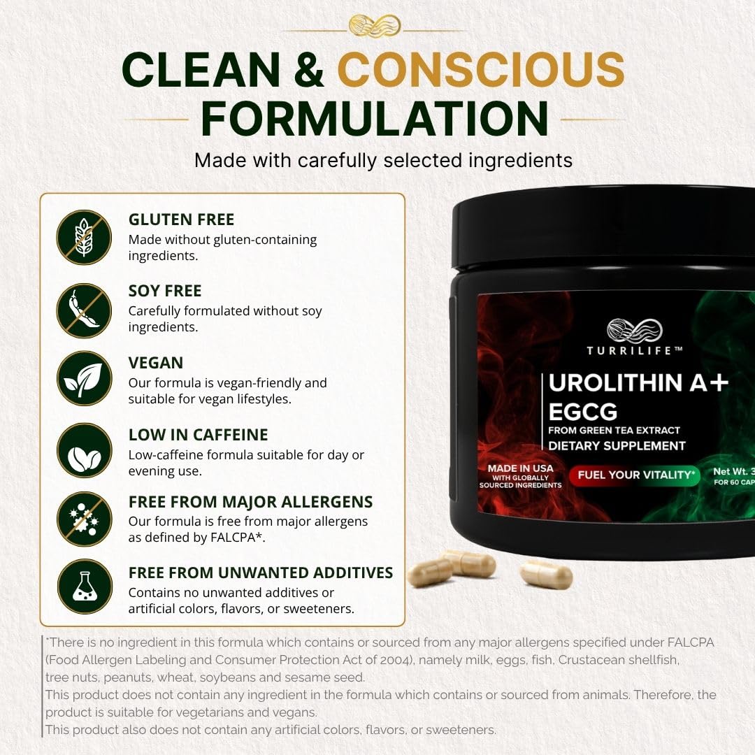 TURRILIFE Premium Urolithin A (≥98% Purity) + High-Potency EGCG from Green Tea Extract (≥98% Polyphenols) – Daily Wellness Formula – Vegan Capsules – 60 Count