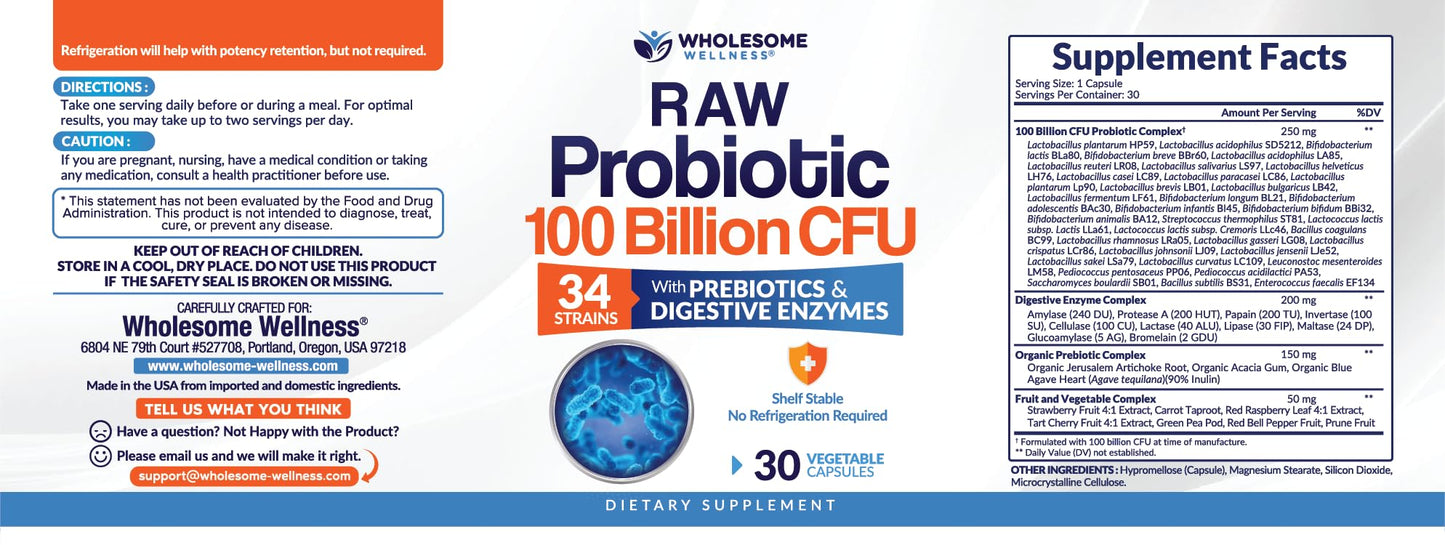 Wholesome Wellness Organic Raw Probiotics 100 Billion CFU Capsule, 30 Count