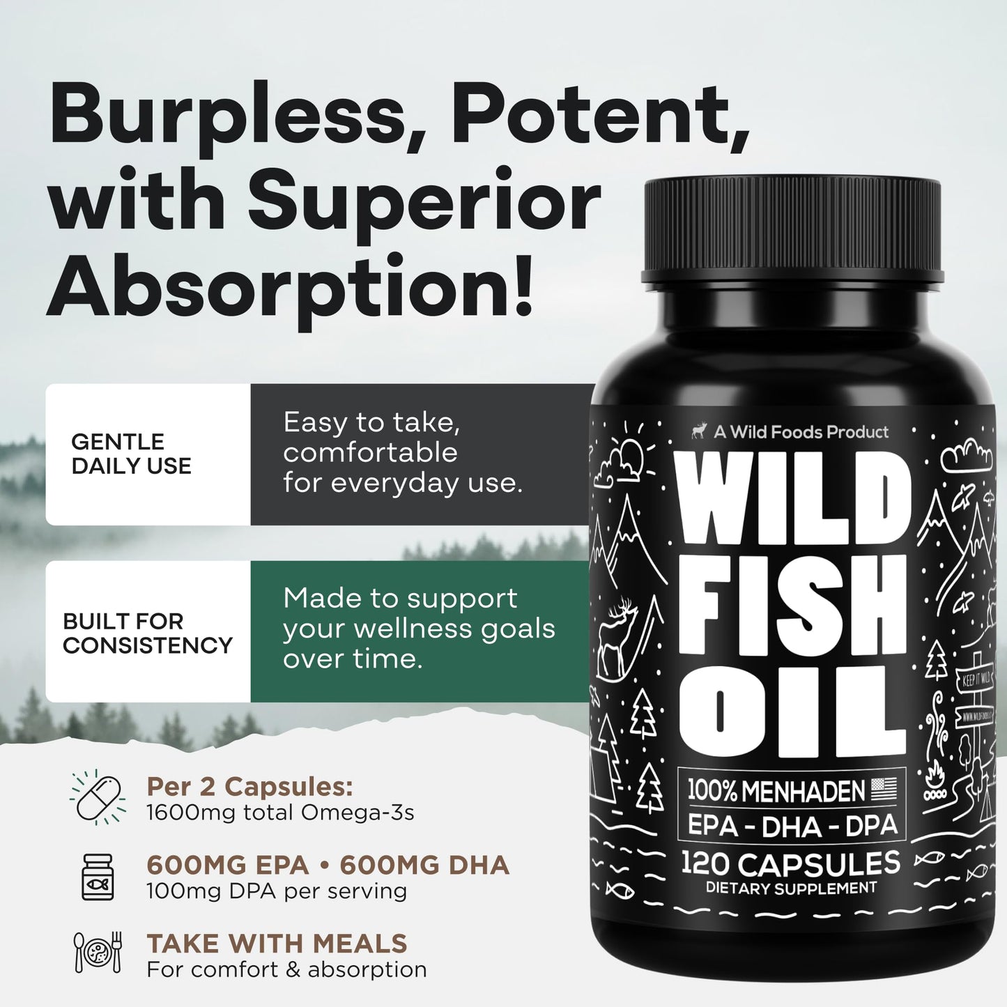 Wild Foods Fish Oil Omega-3 Softgels, 1600mg EPA DHA DPA, 120 Count