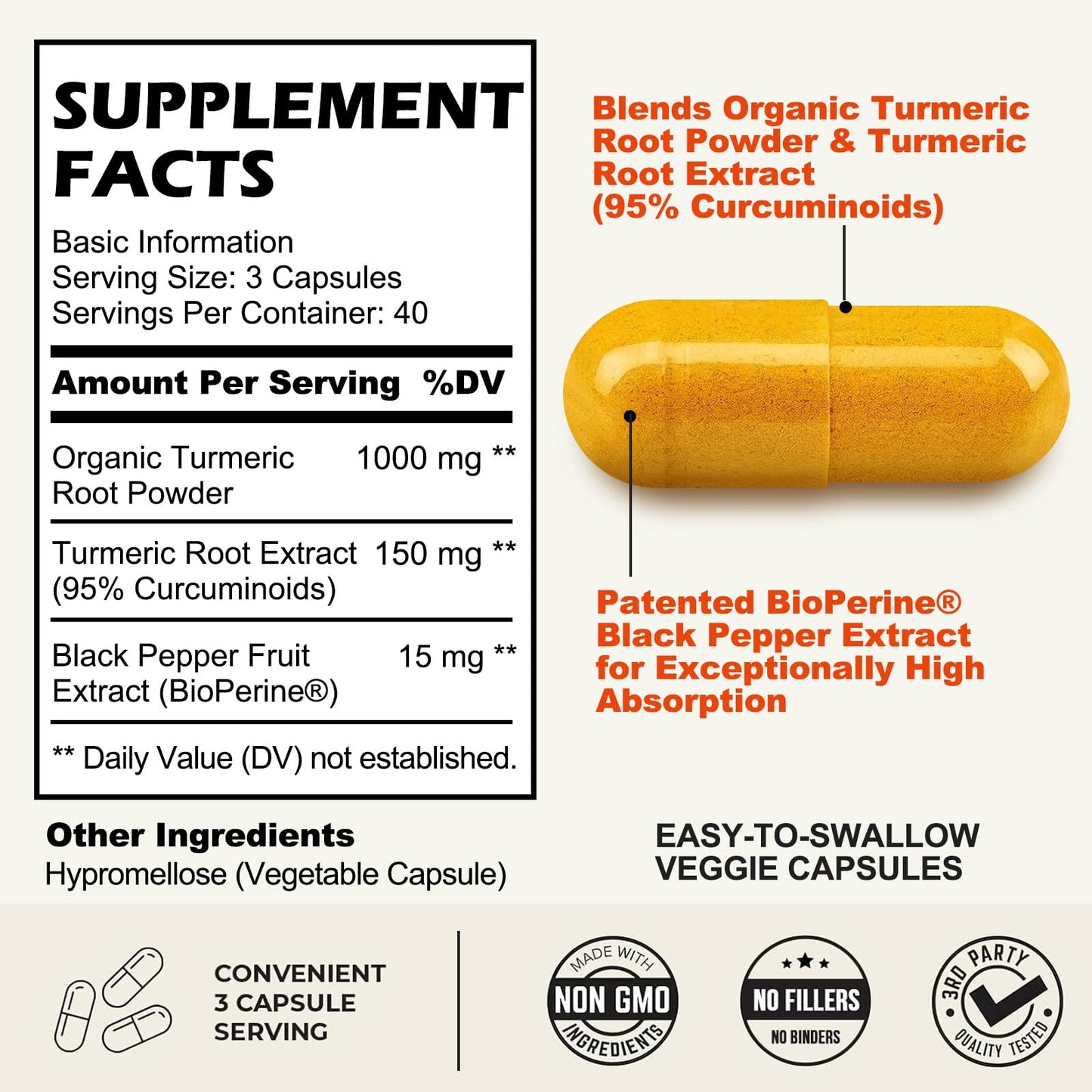 Tnaasmais Turmeric Curcumin Supplement 1000mg with Black Pepper Extract High Absorption 95% Curcuminoids Gluten Free Capsules 120 Capsules