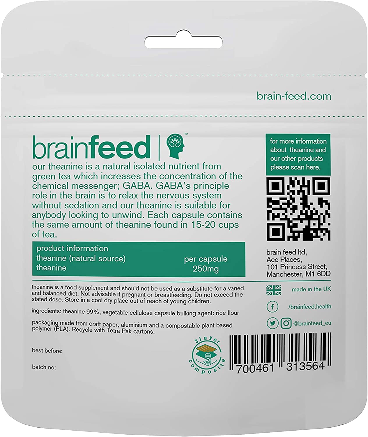 brain feed Pure L-Theanine Supplement Capsule 60 Count
