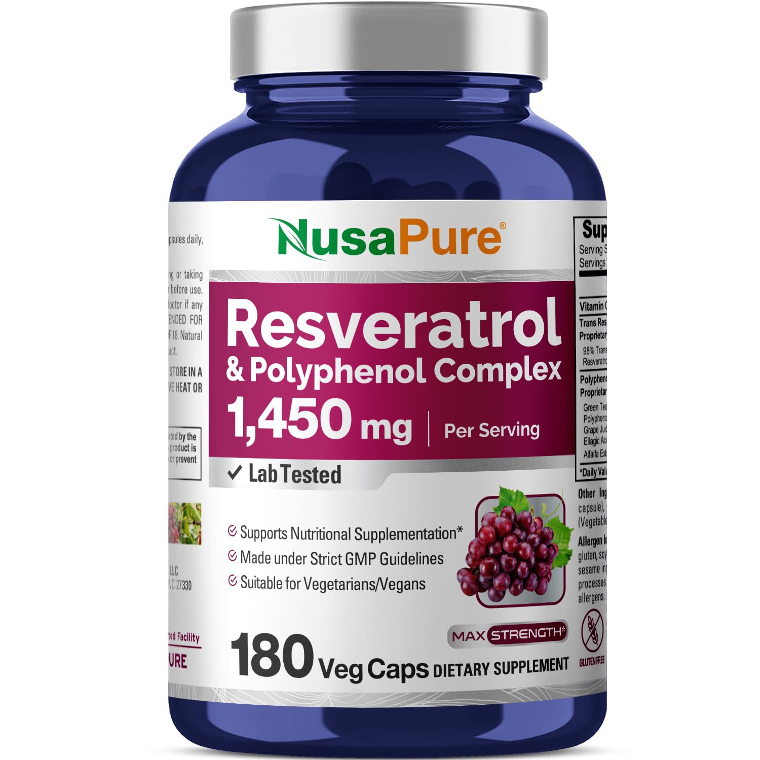 NusaPure Resveratrol & Polyphenol 1450mg, Non-GMO, Vegan, 180 Capsules