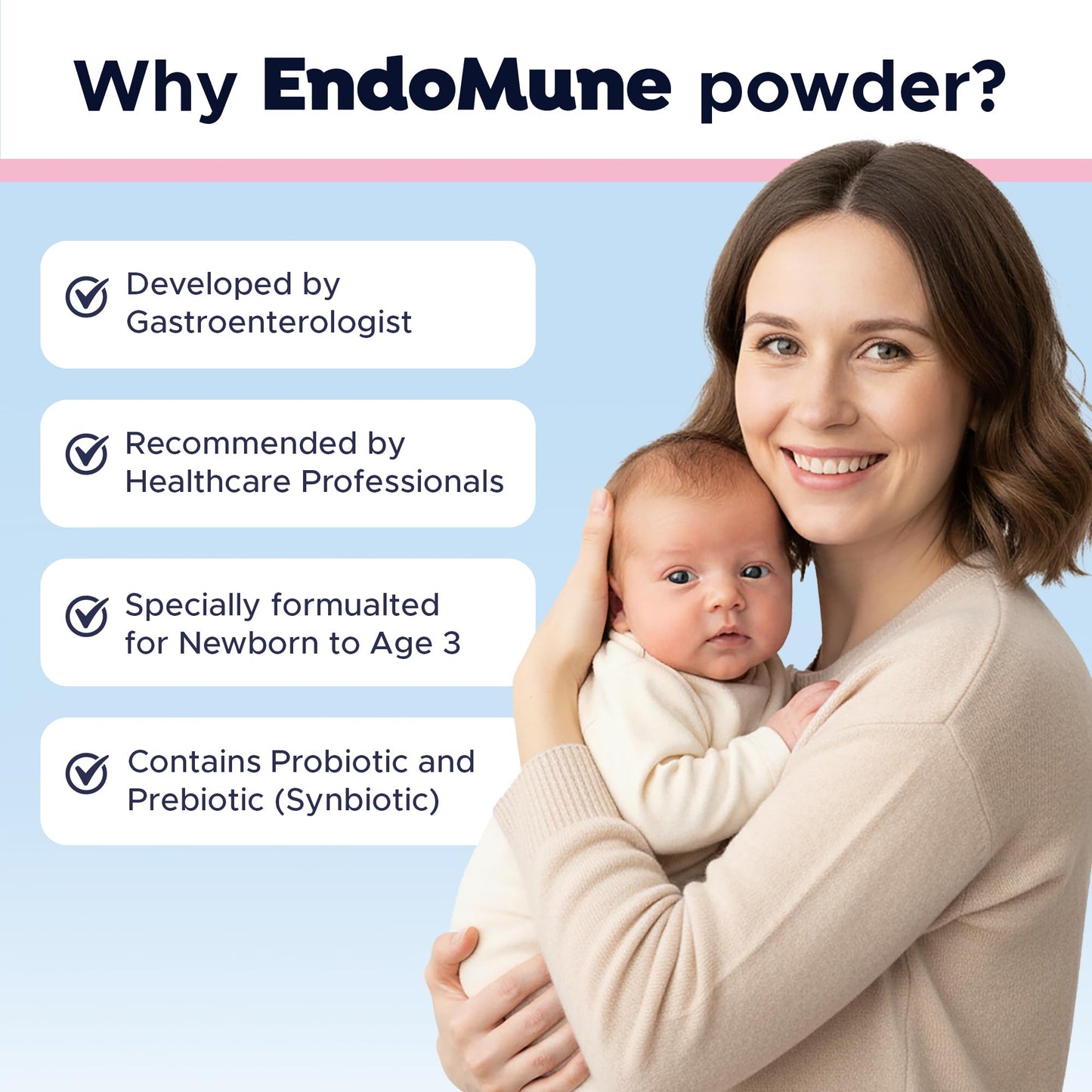Endomune Jr Advanced Probiotic Powder for Newborns, Infants, Toddlers & Baby - 10 Billion CFUs - 4 Strains Bacteria & FOS Prebiotic - Physician Formulated - 60 Day Supply - 2.1 Ounce
