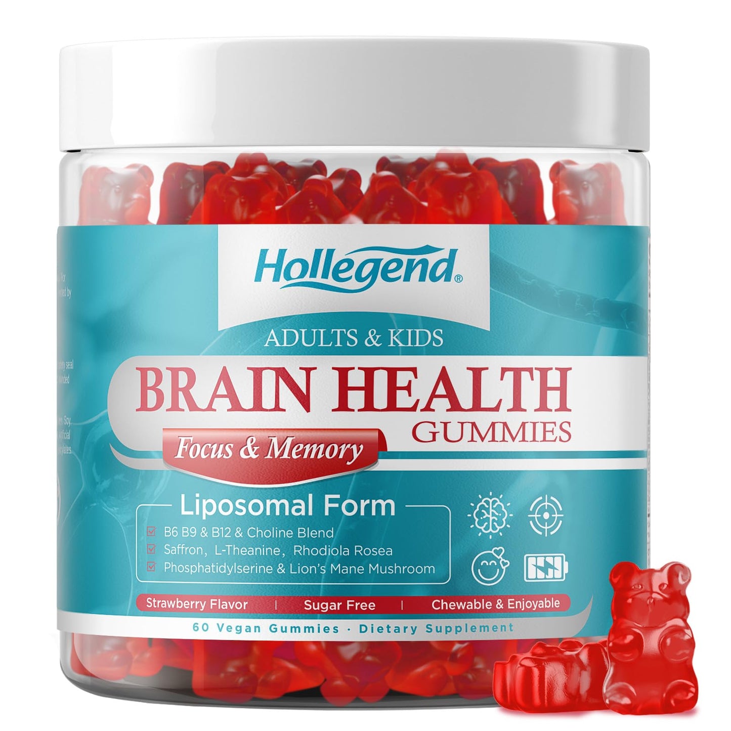 HOLLEGEND Brain Supplement Gummies with Choline, Lion’s Mane, Phosphatidylserine & More, Memory & Focus Support, Vegan, Sugar Free, Organic, 60 Gummies