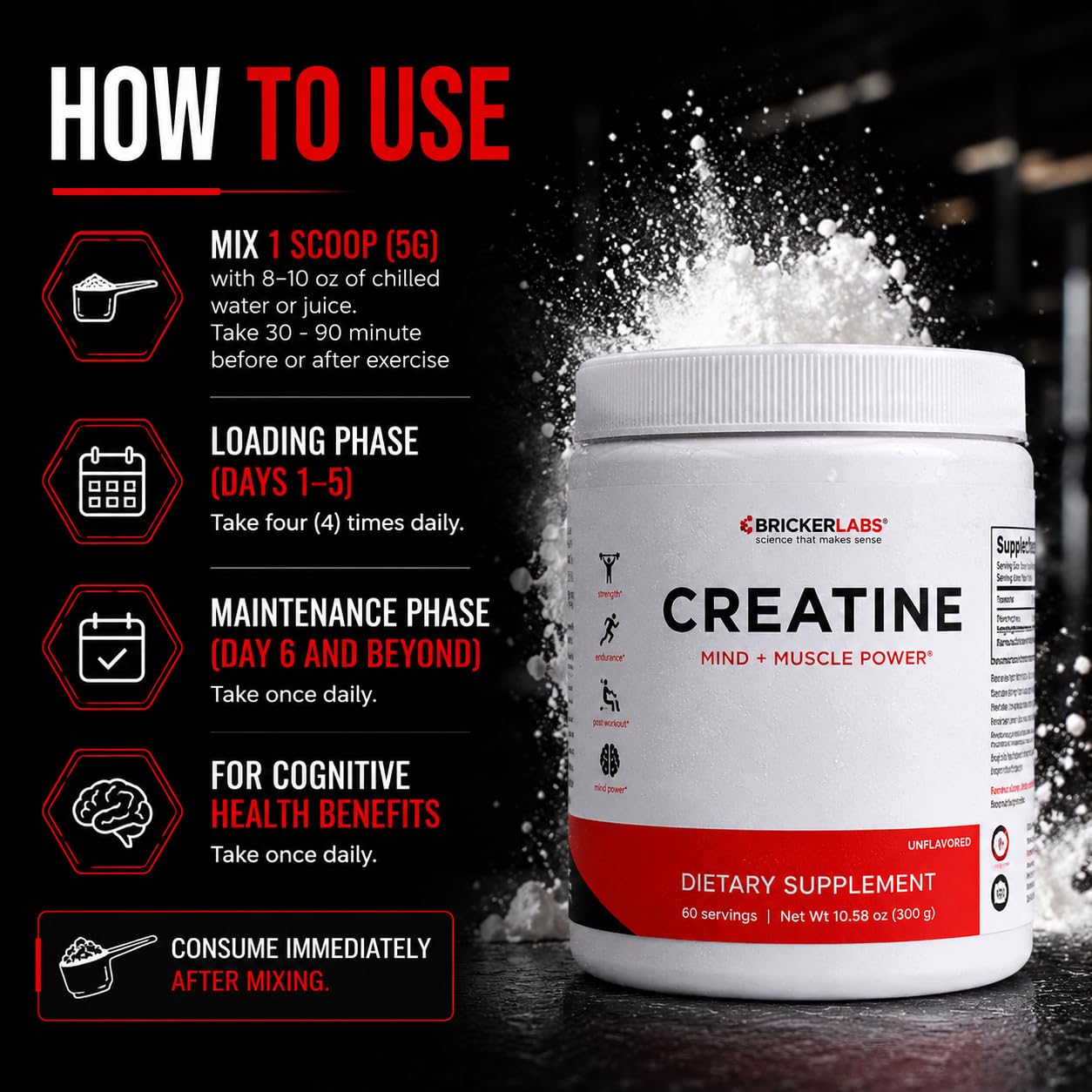 Bricker Labs Creatine Monohydrate Powder, 60 Servings