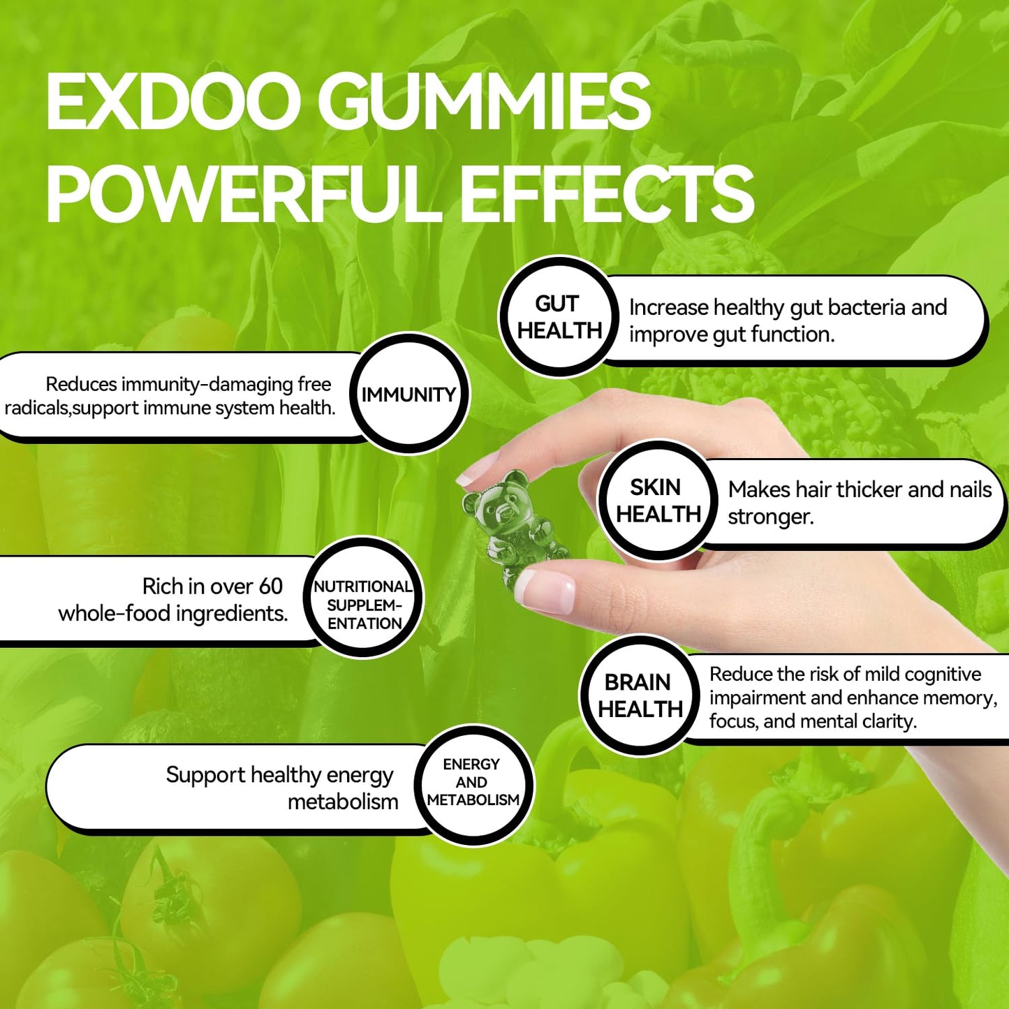 exdoo Super Greens Daliy Gummies Superfood Gummy, 120 Gummies
