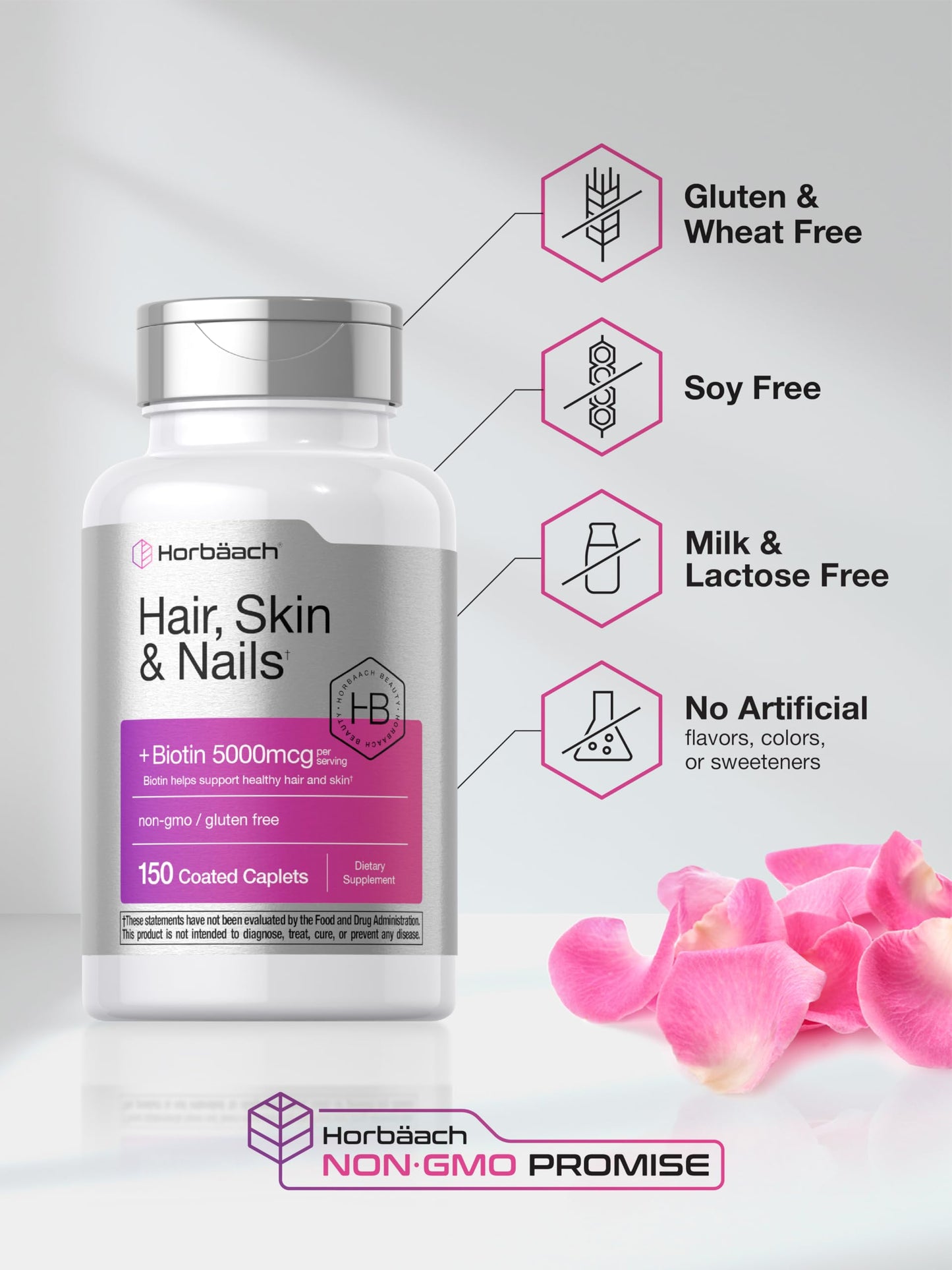 Horbäach Hair Skin & Nails Vitamin Supplement with Biotin & Collagen Caplets, 150 Count