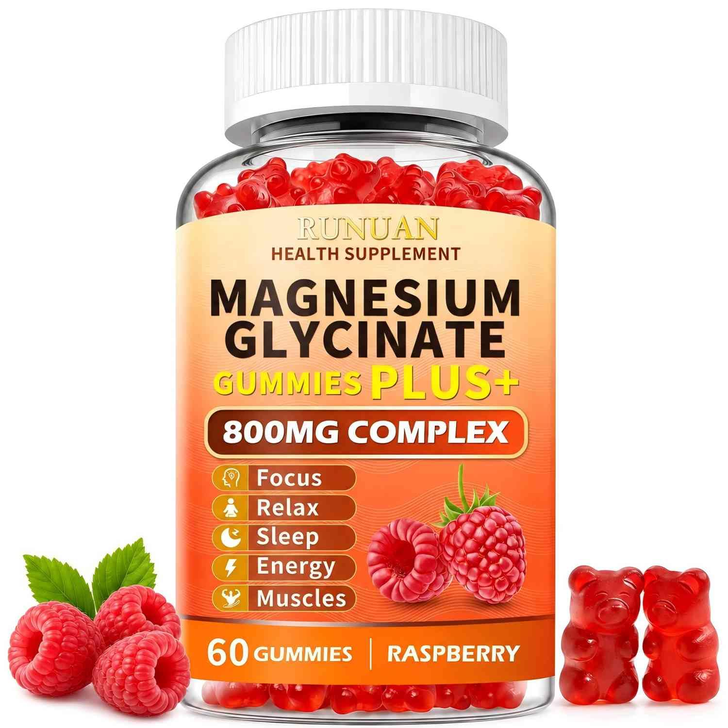 RUNUAN 800mg Magnesium Complex Gummies with Magnesium Malate Taurate L-Theanine D3, 60 Gummies