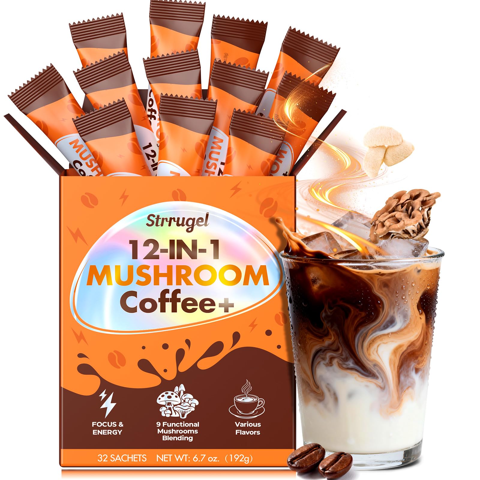 strrugel Organic Mushroom Coffee with Lion’s Mane & Reishi - 9 Functional Mushrooms + Ashwagandha for Focus, Energy & Stress Relief - Low Caffeine Instant Coffee Sticks, 32 Servings Powder 6.7 Ounce