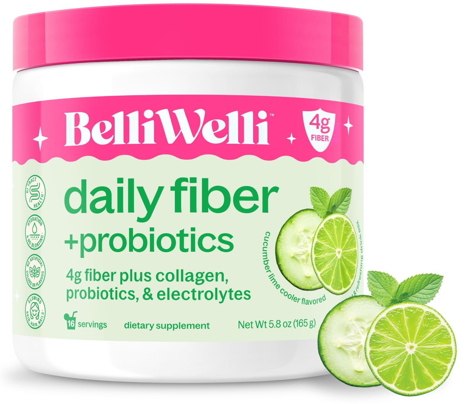 Belli Welli Fiber Supplement for Women & Men – Premium Daily Fiber Powder from Organic Acacia with Added Collagen, Electrolytes & Probiotics – No Bloat, Constipation & Gut Health Support (Cucumber) 6.4 oz
