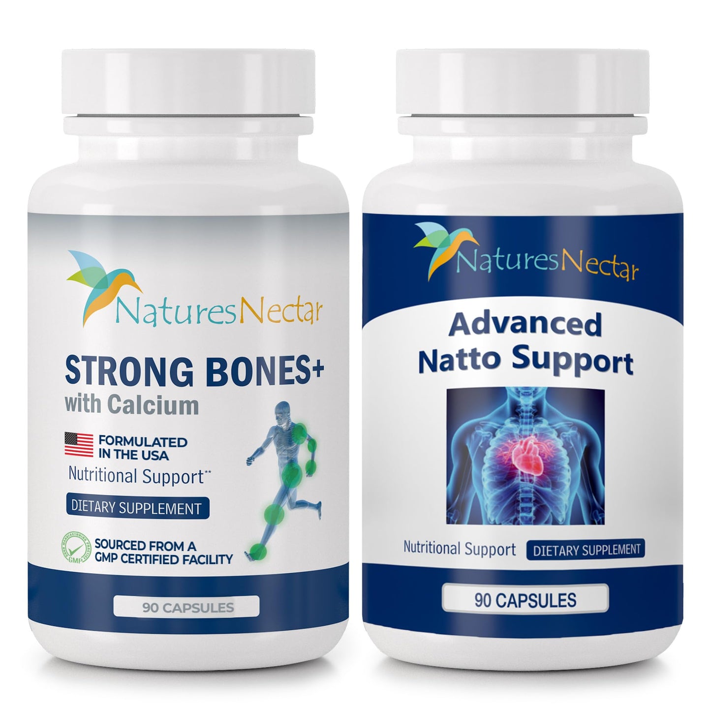 Nature's Nectar Cardiovascular & Bone Health Bundle – Organic Nattokinase for Circulation + Bone & Joint Support Supplement with Calcium, Vitamin D, 180 Capsules