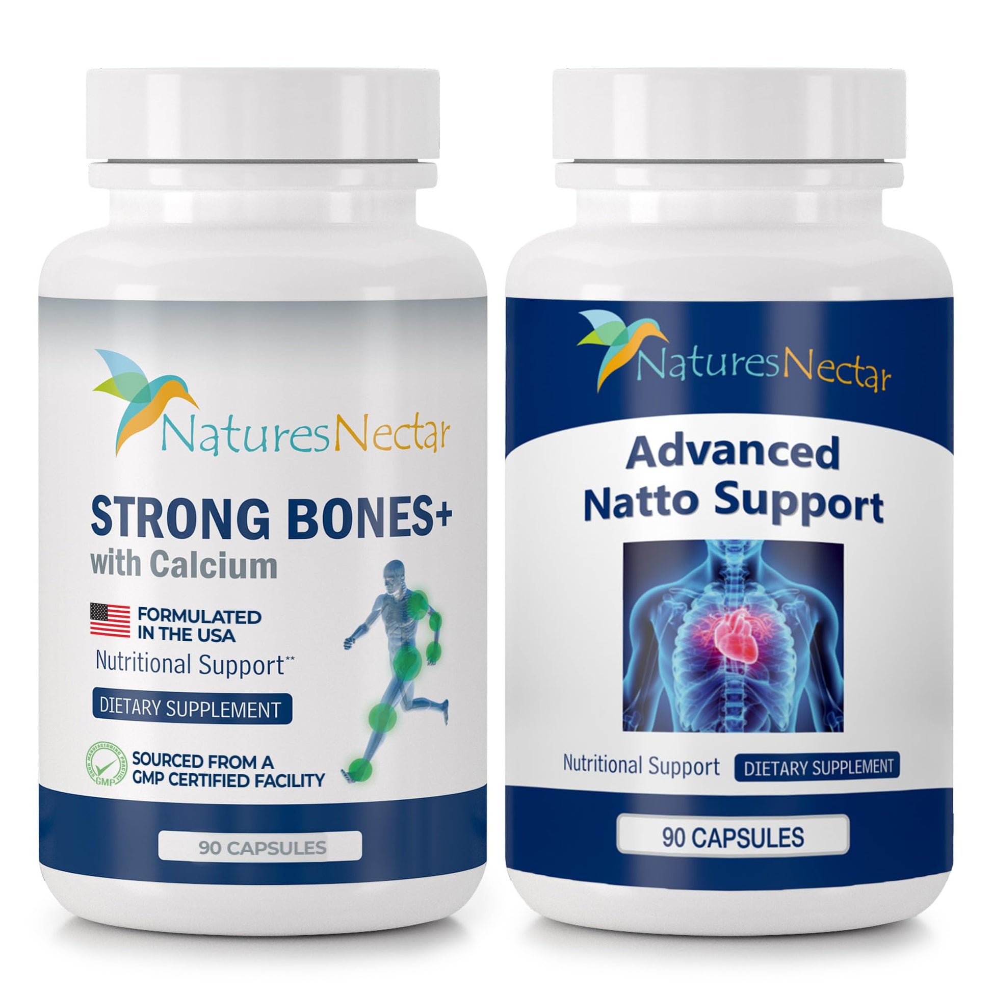 Nature's Nectar Cardiovascular & Bone Health Bundle – Organic Nattokinase for Circulation + Bone & Joint Support Supplement with Calcium, Vitamin D, 180 Capsules