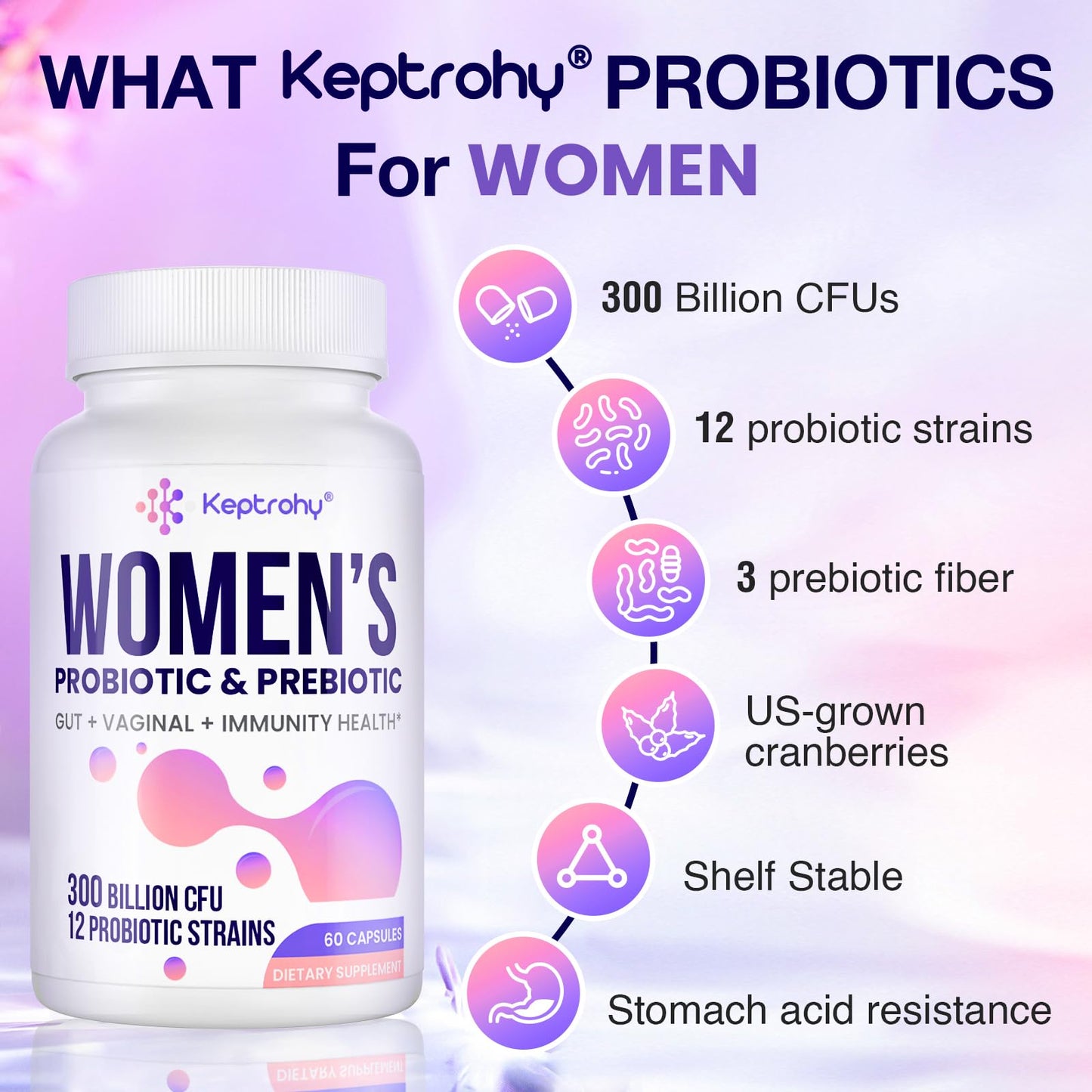 Keptrohy Vaginal Probiotics for Women Capsule 60 Count, 300 Billion CFUs, 12 Strains
