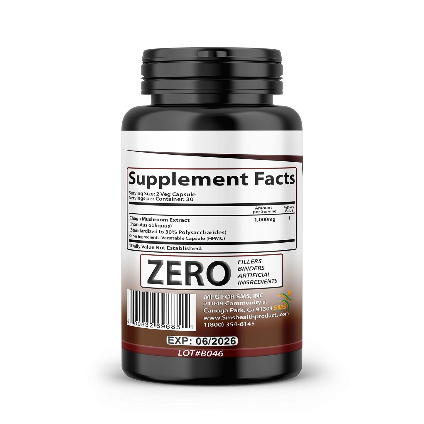 SMSHEALTHPRODUCTS.com Chaga Mushroom Capsules 30% Polysaccharides, 60 Veggie Caps