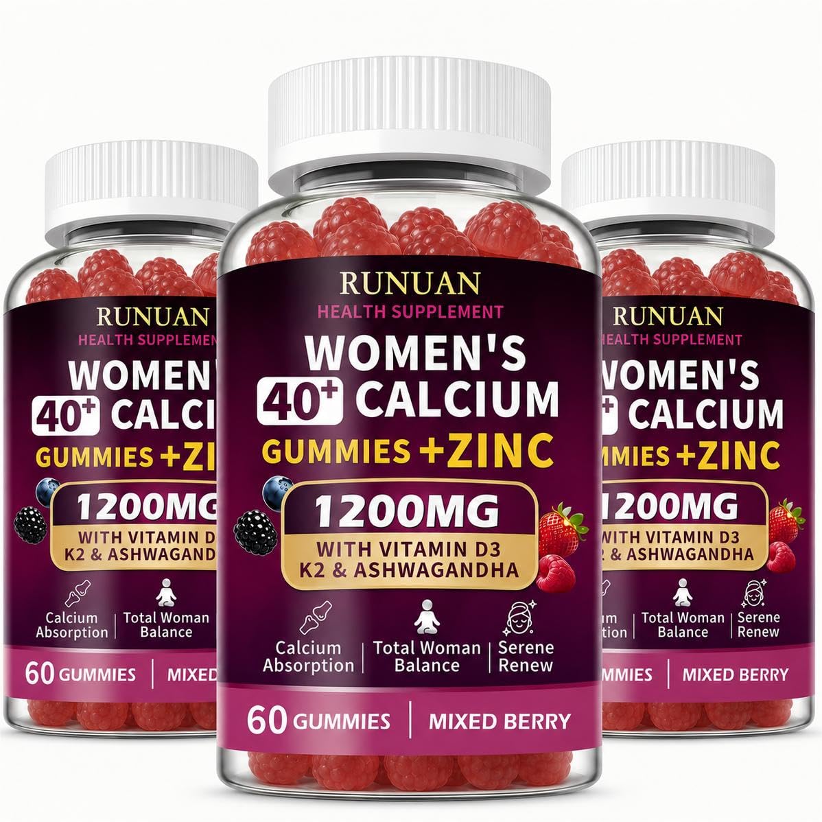 RUNUAN Calcium Gummies 1200mg with Magnesium, Zinc, D3, K2, B12, B6 180 Count