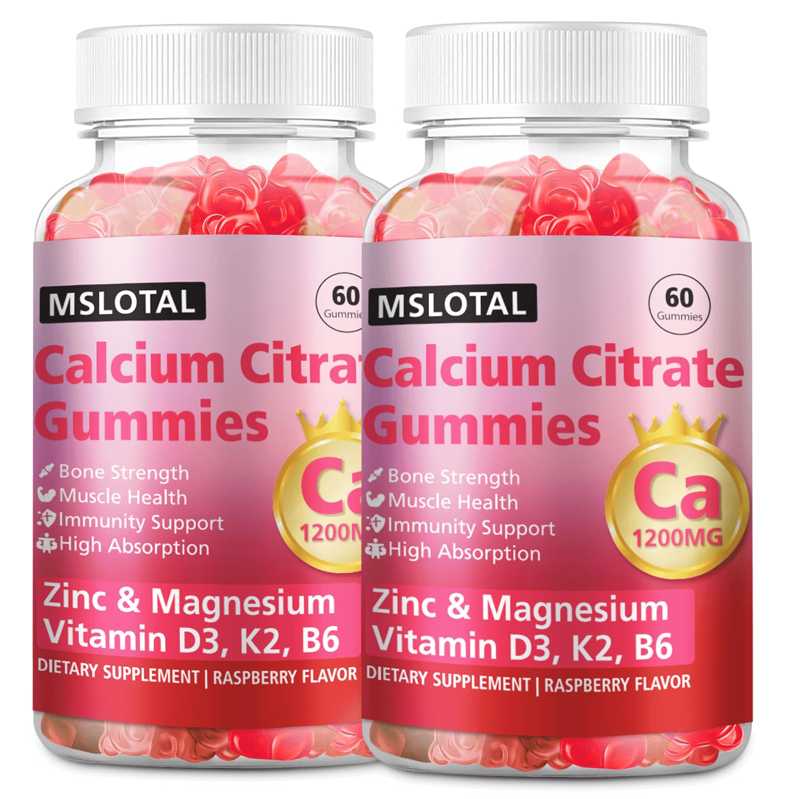 MSLOTAL Calcium Citrate Gummies, 1200mg Calcium with Vitamin D3, B6, B12, Magnesium & Zinc, Supports Bone & Muscle Health, 120 Gummies