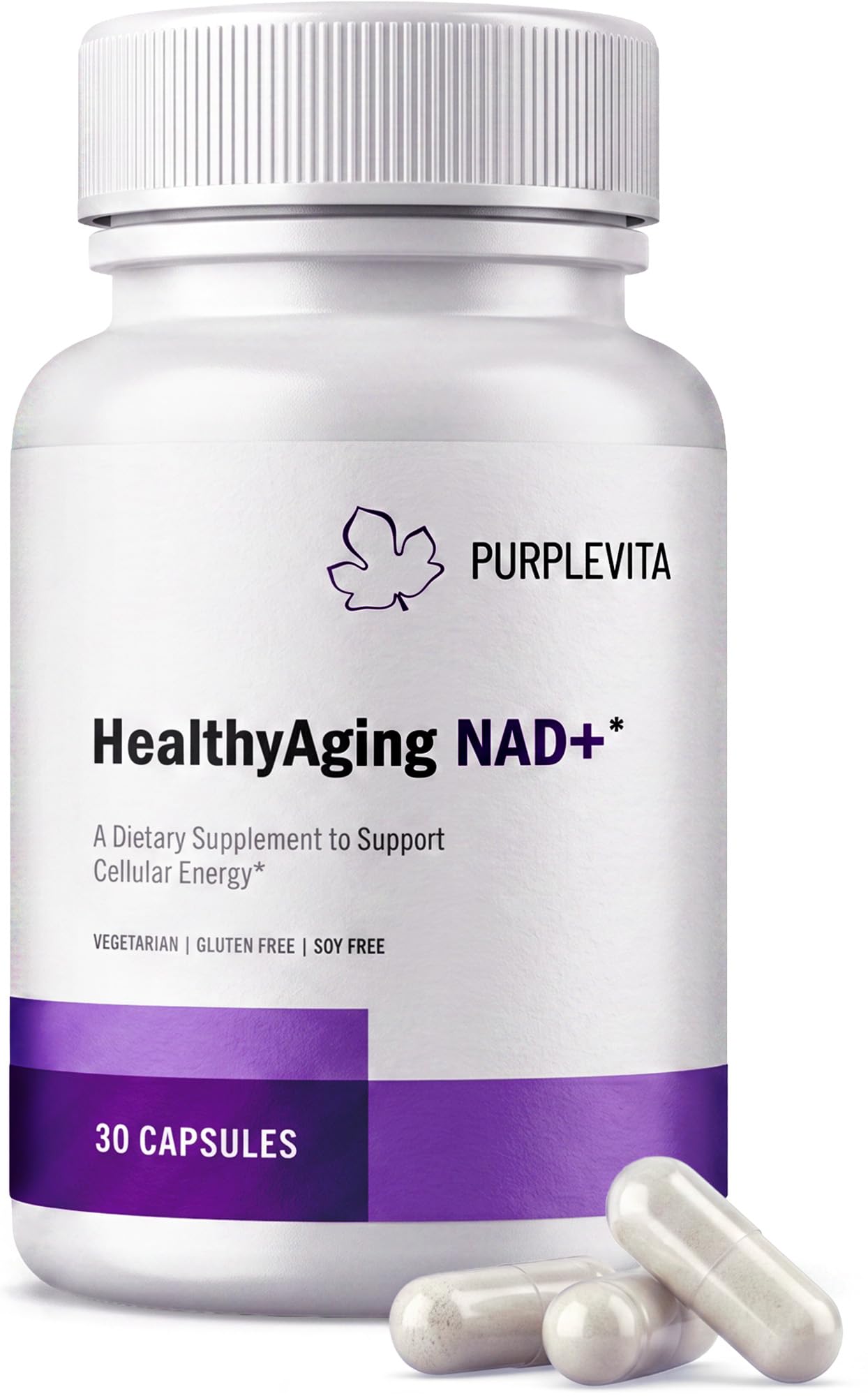 PURPLEVITA NAD + Plus Supplement Healthy Aging with RiaGev-WS, Vitamin C & Niacin, Cellular Energy, Metabolism and Stress Support, 30 Capsules