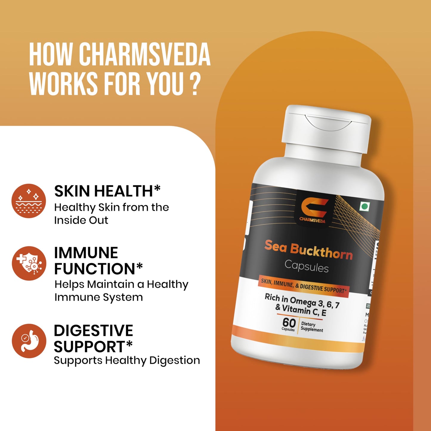 CHARMSVEDA Sea Buckthorn Capsules 1000 mg with Omega 3, 6, 7 | Vitamins C & E | Skin Health, Immune Support & Overall Wellness | 60 Capsules