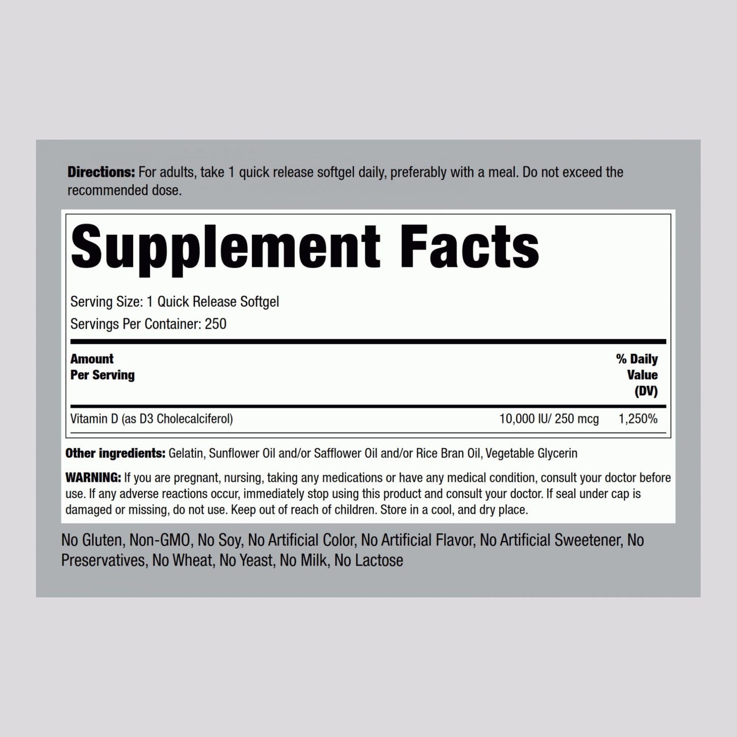 Piping Rock Vitamin D3 10000 IU Softgels, 250 Count