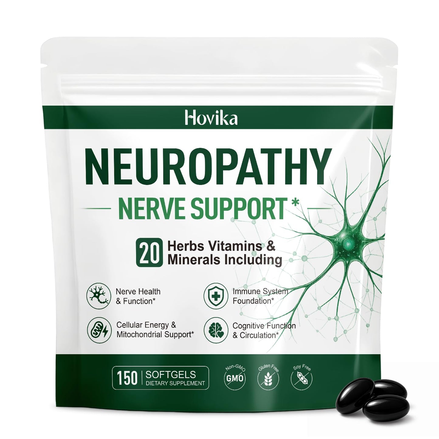 Hovika Neuropathy Support Supplement with R-Alpha Lipoic Acid 1200mg ALA – Nerve Health Formula for Neuropathy Pain Relief for Feet Hands Fingers Legs, Sciatica Ease with Vitamin B1 B6 B12 – 150 Softgels