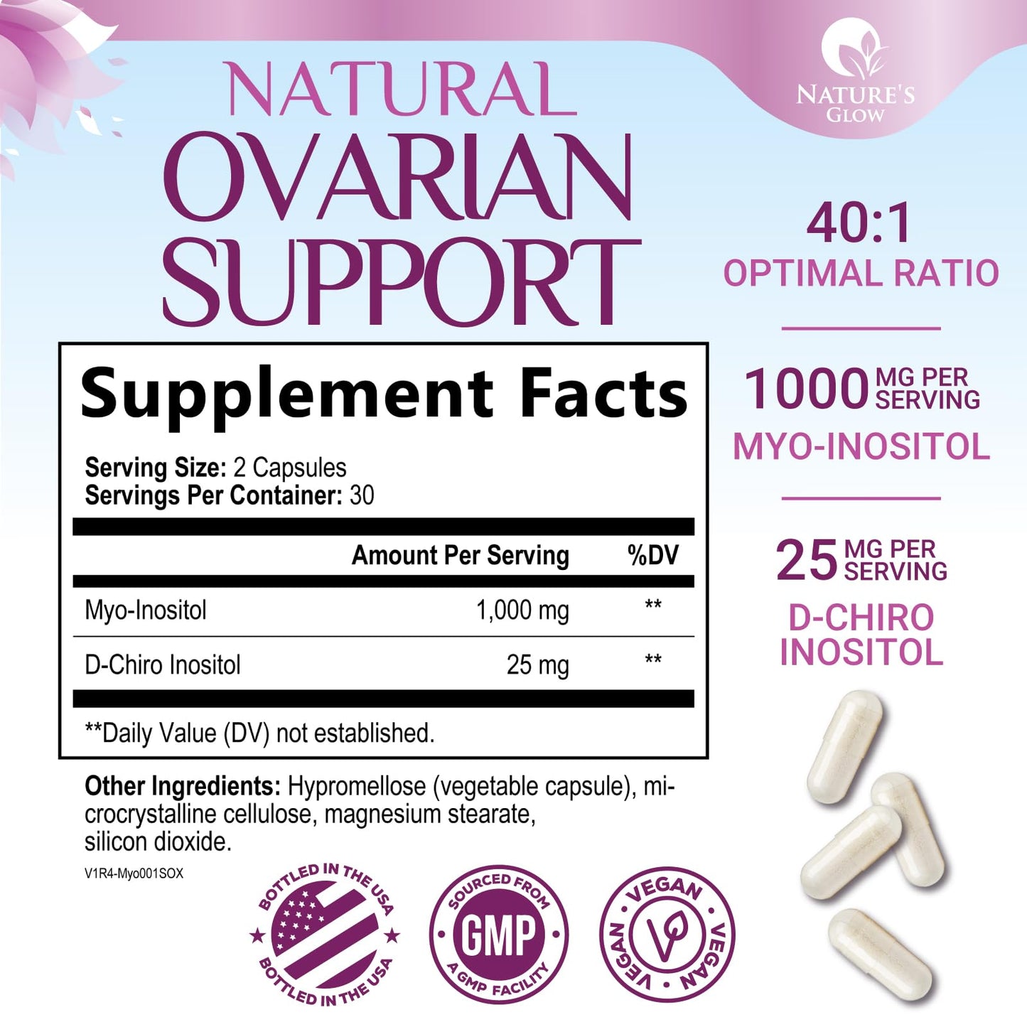 Nature's Glow Myo-Inositol & D-Chiro Inositol 1025mg - 40:1 Ideal Ratio for Ovarian Support, Vegan Myo & D-Chiro Inositol Supplement for Women's Natural Balance and Hormone Support, Vitamin B8, Non-GMO, 60 Capsules