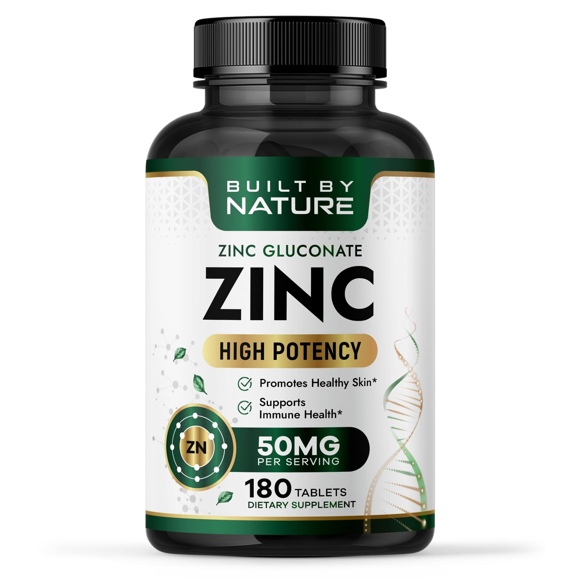 Built by Nature Zinc 50 mg (Zinc Gluconate), Immune & Antioxidant Support, 180 Tablets