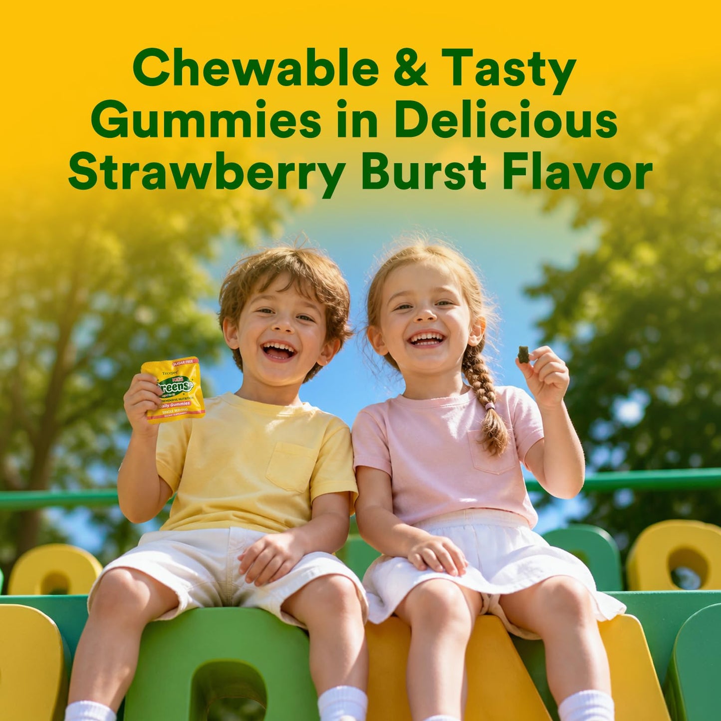Tecepec Sugar Free Greens Daily Gummies for Kids - Superfood Fruits Veggies Blend with Spirulina, Chlorella, Prebiotics & Fiber, Adaptogens Multivitamin Supplement Digestive Health, Non-GMO, 90 Count
