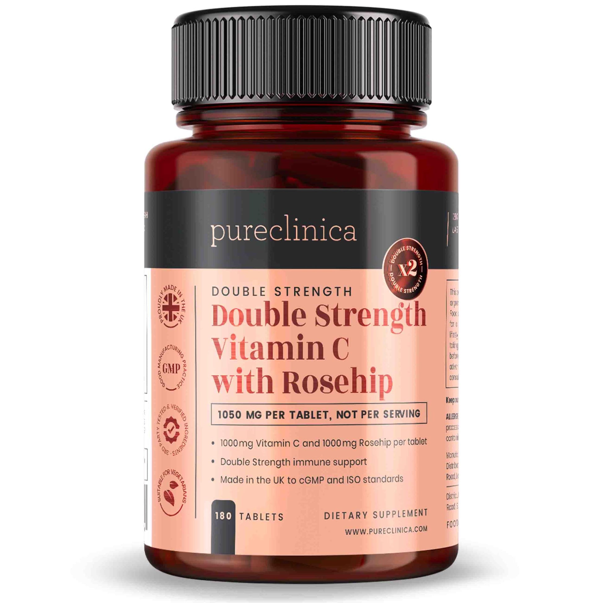 Pureclinica Vitamin C with Rosehip – 2000mg (1000mg VIT C & 1000mg Rosehip Extract) x 180 Tablets