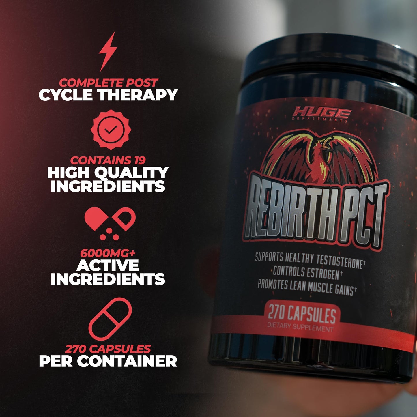 Huge Supplements Rebirth PCT Supplement for Men Capsule, 270 Count