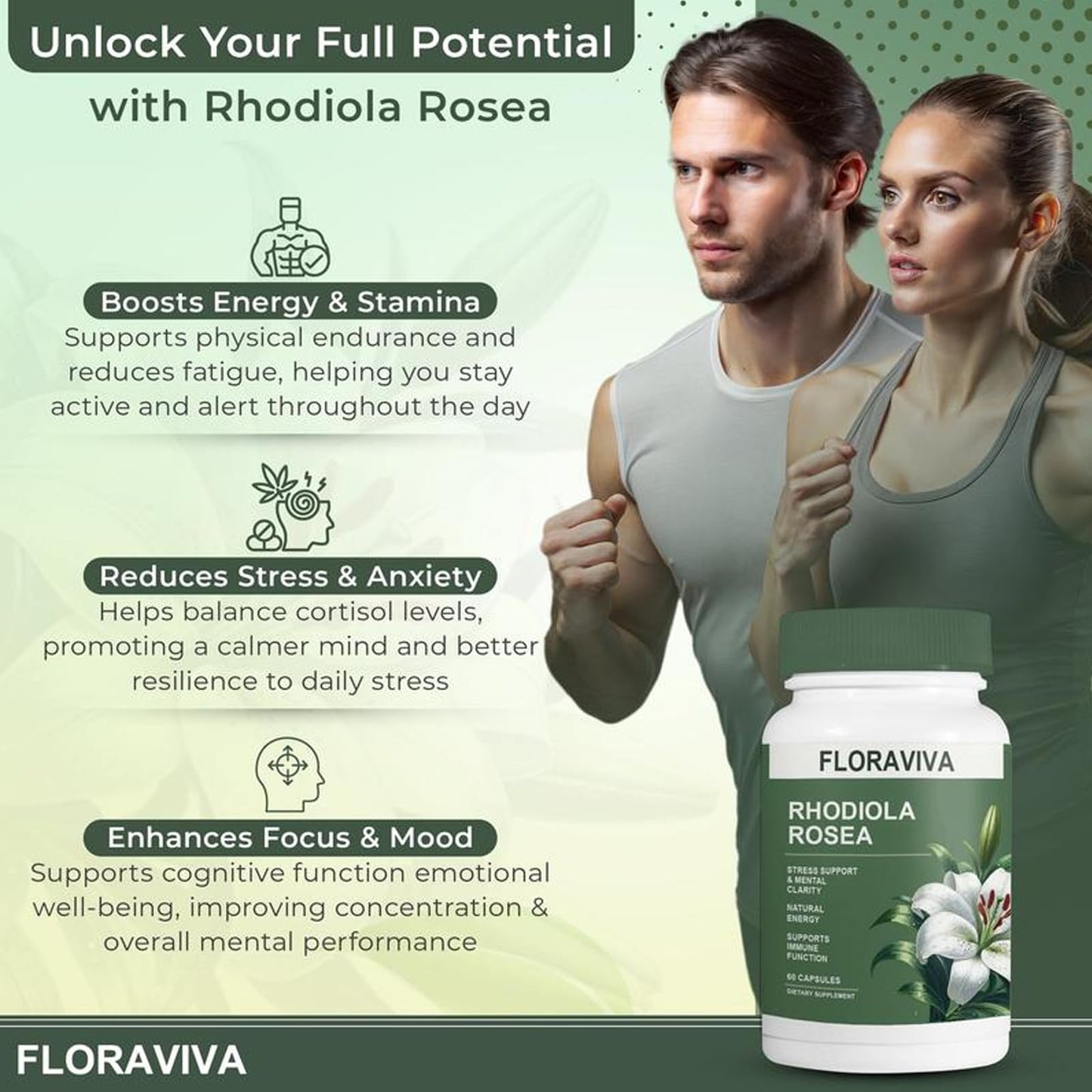 Floraviva Rhodiola Rosea Capsules 500mg (Standardized for 3% Rosavins & 1% Salidroside) 120 Capsules
